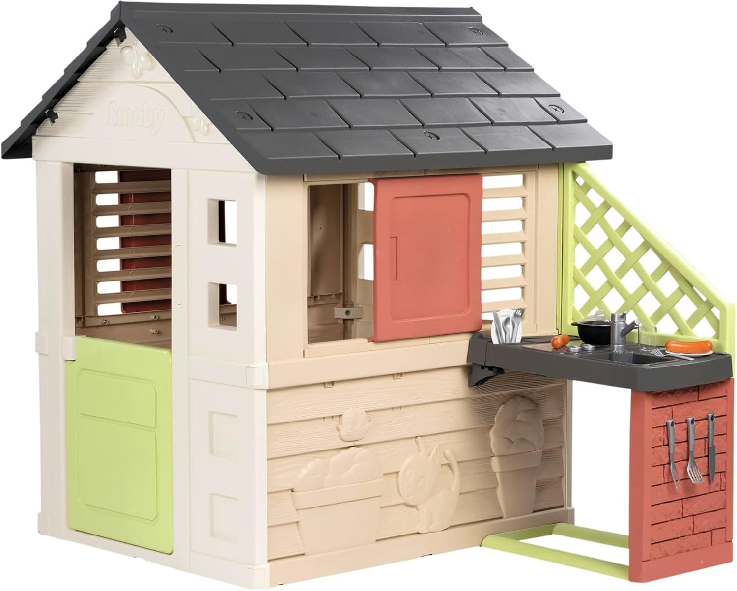 Smoby Life Casa Nature com cozinha de brinquedo, casa infantil interior e exterior, material reciclado UV resistente - a partir de 2 anos - cozinha e acessórios incluídos - (7600810739)