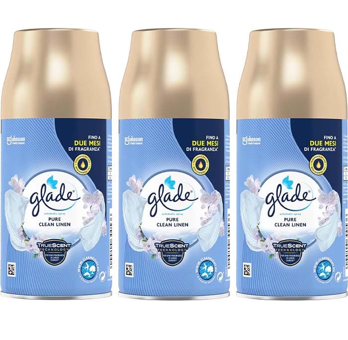 Glade - Ambientador Clean Linen em aerossol, recarga para doseador automático, fragrância com óleos essenciais, até 60 dias de fragrância, 3 x 300 ml