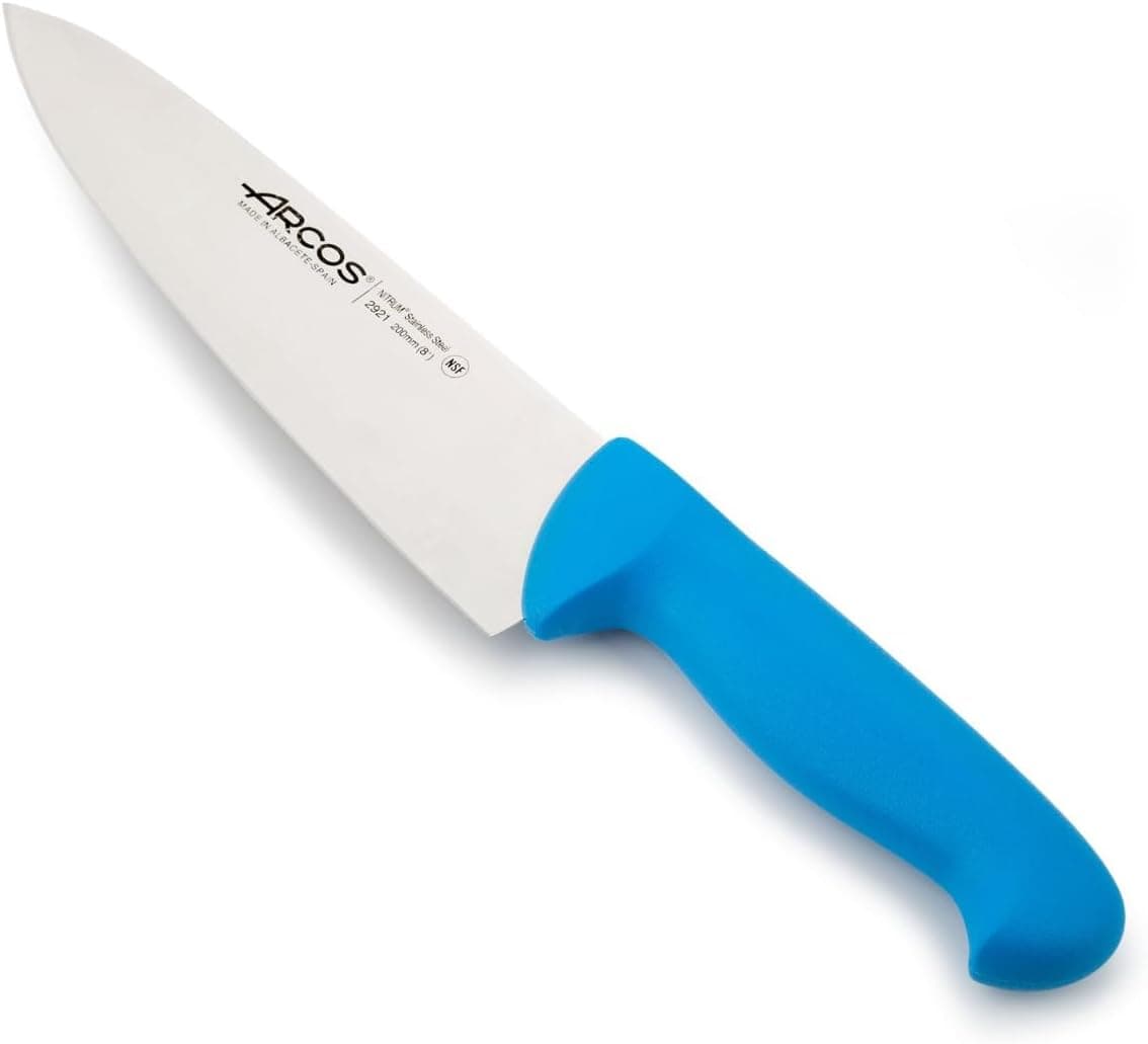 Arcos Faca Cheferies 2900 - Lâmina de aço inoxidável Nitrum 8" com cabo de polipropileno azul - ergonómico e prateado para uso pesado - sistema de identificação de cor para melhor higiene