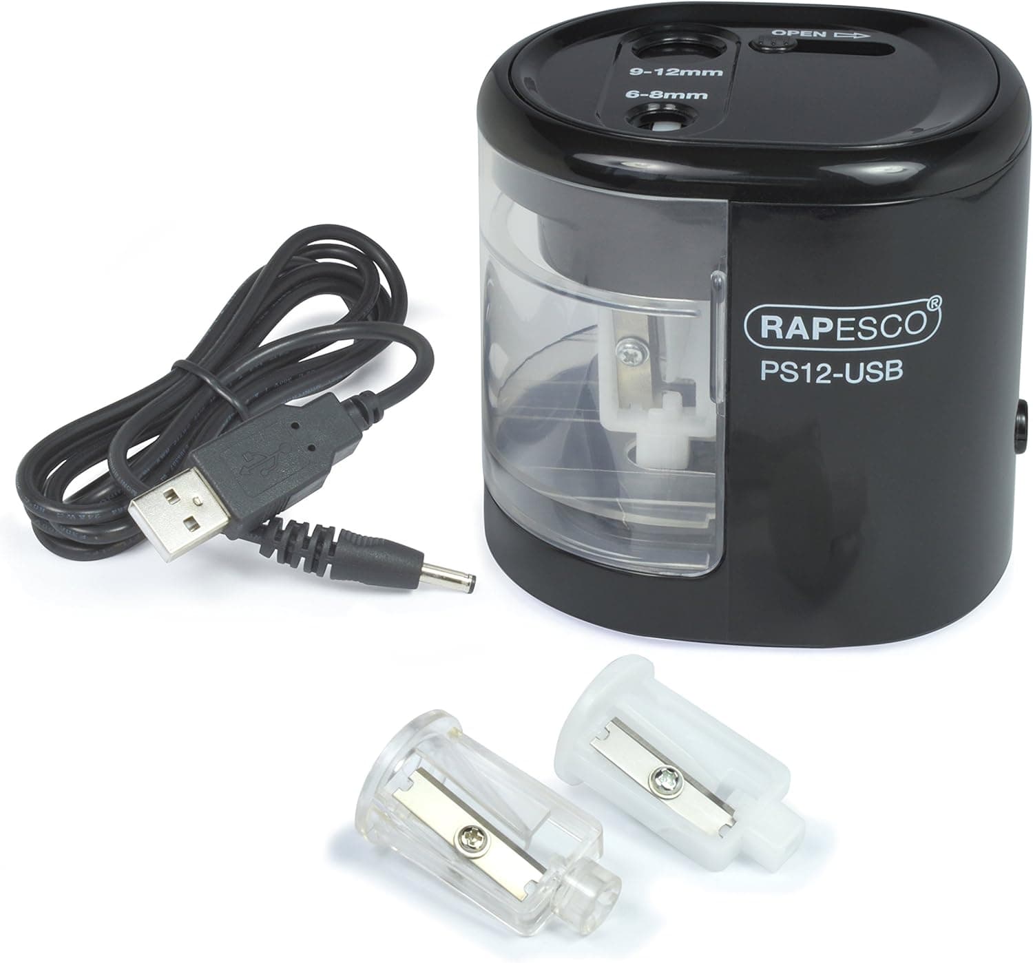 Rapesco PS12-USB | Afiador de lápis elétrico automático com carregamento USB ou pilhas, preto