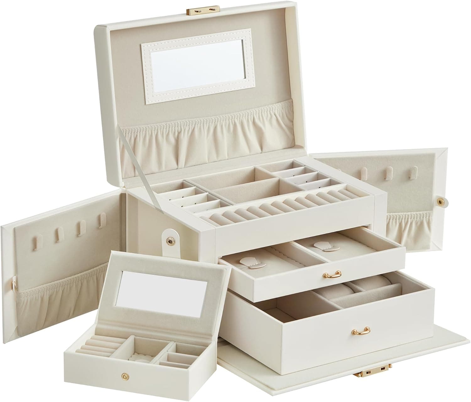 SONGMICS Caixa de jóias de 3 níveis, caixa para jóias com 2 gavetas, com mini caixa portátil para viajar, com alça, fecho, para jóias, ideia de presente, PU branco nuvem, forro branco creme, JBC121W02