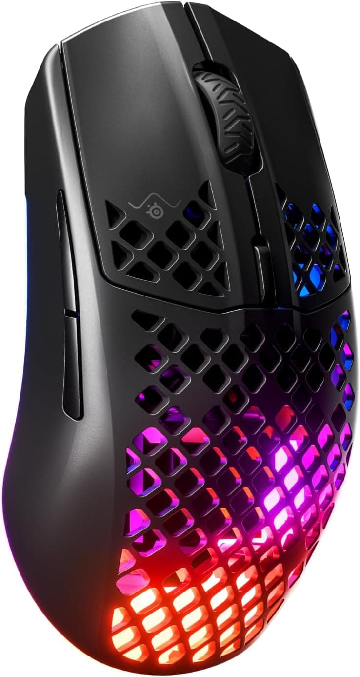 SteelSeries Aerox 3 Wireless Rato gaming perfurado RGB - design ultraleve resistente à água, sensor ótico TrueMove Air 18K DPI - Onyx