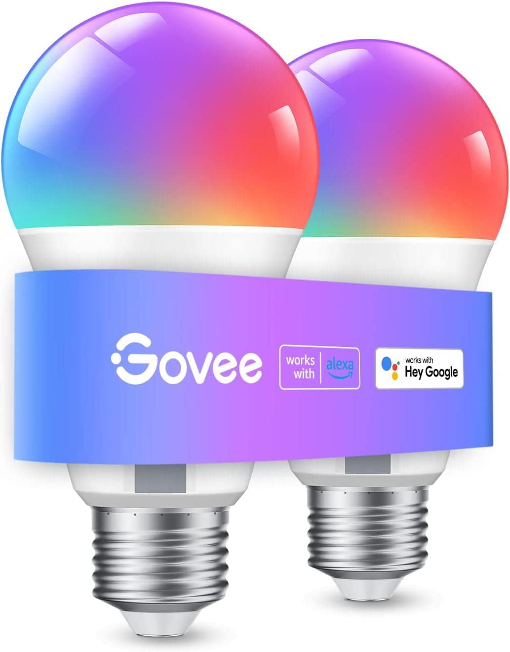 Govee Lâmpada LED E27 inteligentes WiFi e Bluetooth, funciona com Alexa Google Assistant, 800 LM, 16 milhões de cores DIY RGBWW, sincronização de música lâmpada inteligente, conjunto de 2