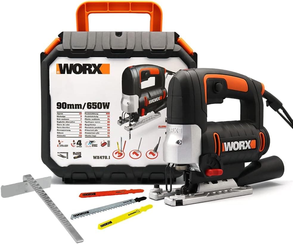 Serra de recortes pendular 650 W WORX | WX478.1 | Mudança de lâmina sem ferramentas, remoção de pó | sistema pendular 4 níveis, pasta, conjunto de lâminas incluído