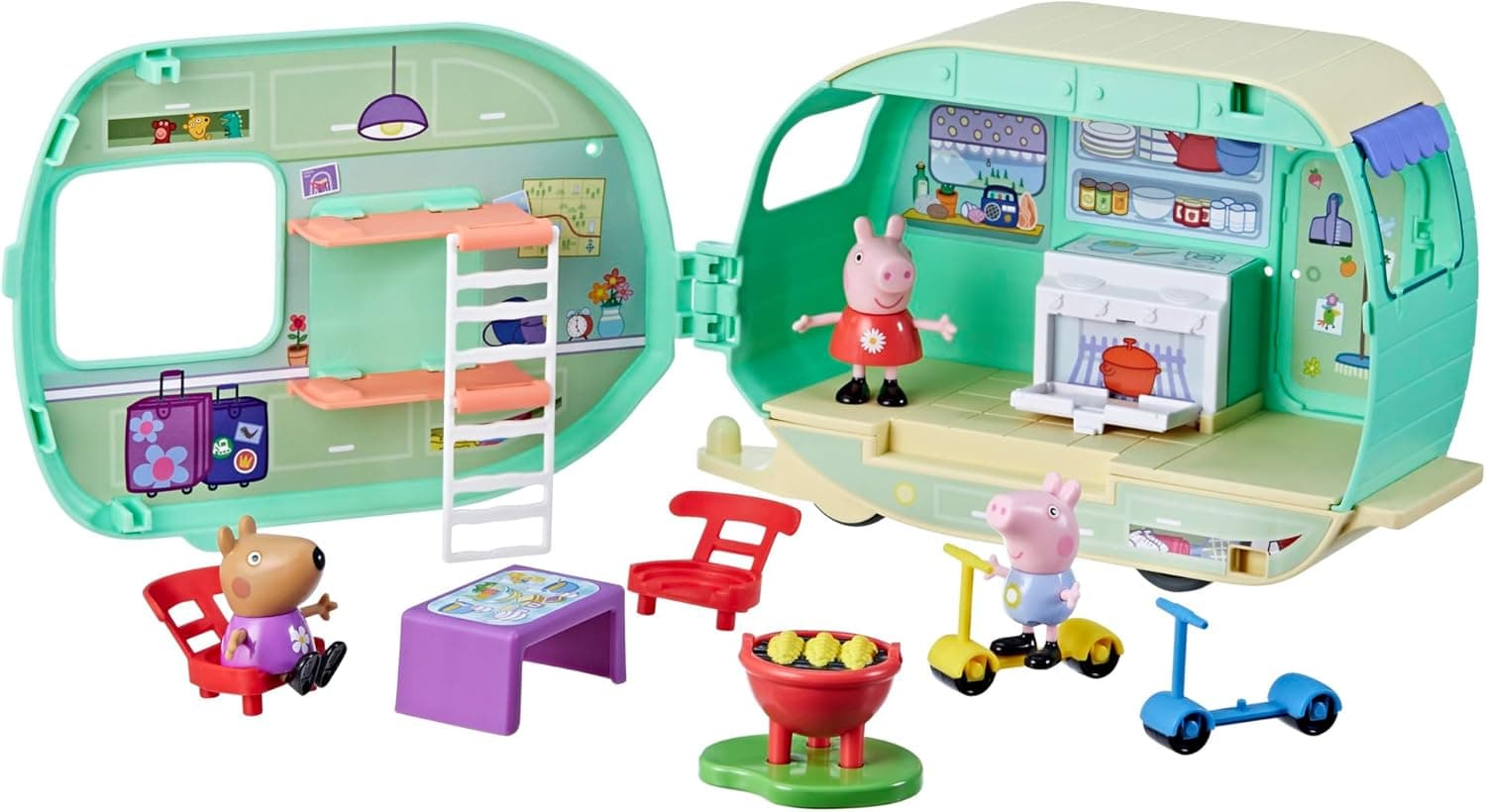 Peppa Pig - Conjunto de jogo de aventura em estrada, carnaval de brinquedo com 3 figuras de Peppa, George e Birgit para o dramatização, meninas e meninos de 3 anos ou mais