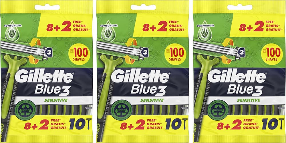 Gillette Blue3 Sensitive Máquina descartável para homem, 10 unidades x 3 = 30