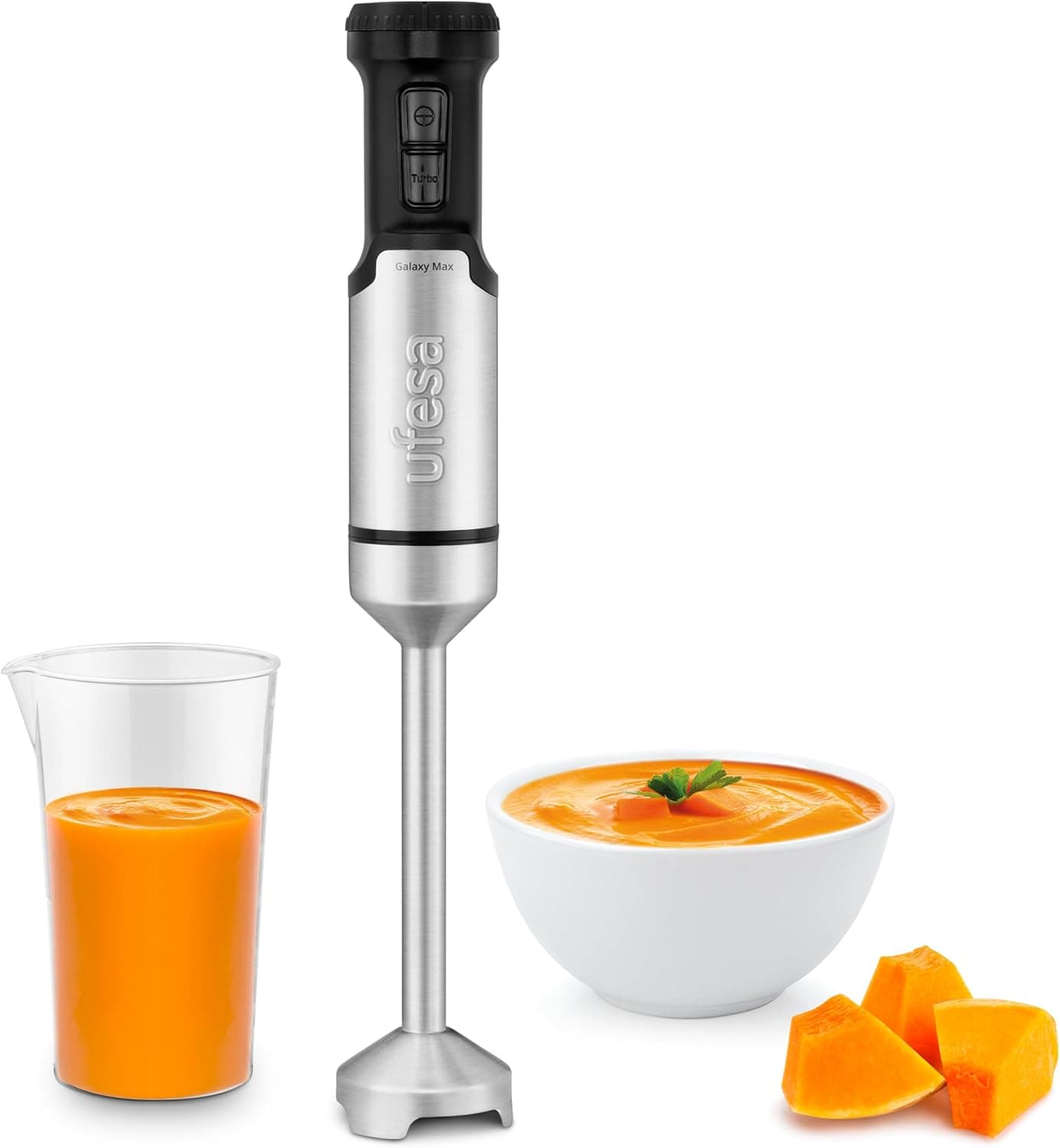 Ufesa Galaxy Liquidificadora de mão, potência de 1200 W, controlo de velocidade variável TURBO, 4 lâminas de alta eficiência, design ergonómico e anti-salpicos, copo medidor, sem BPA