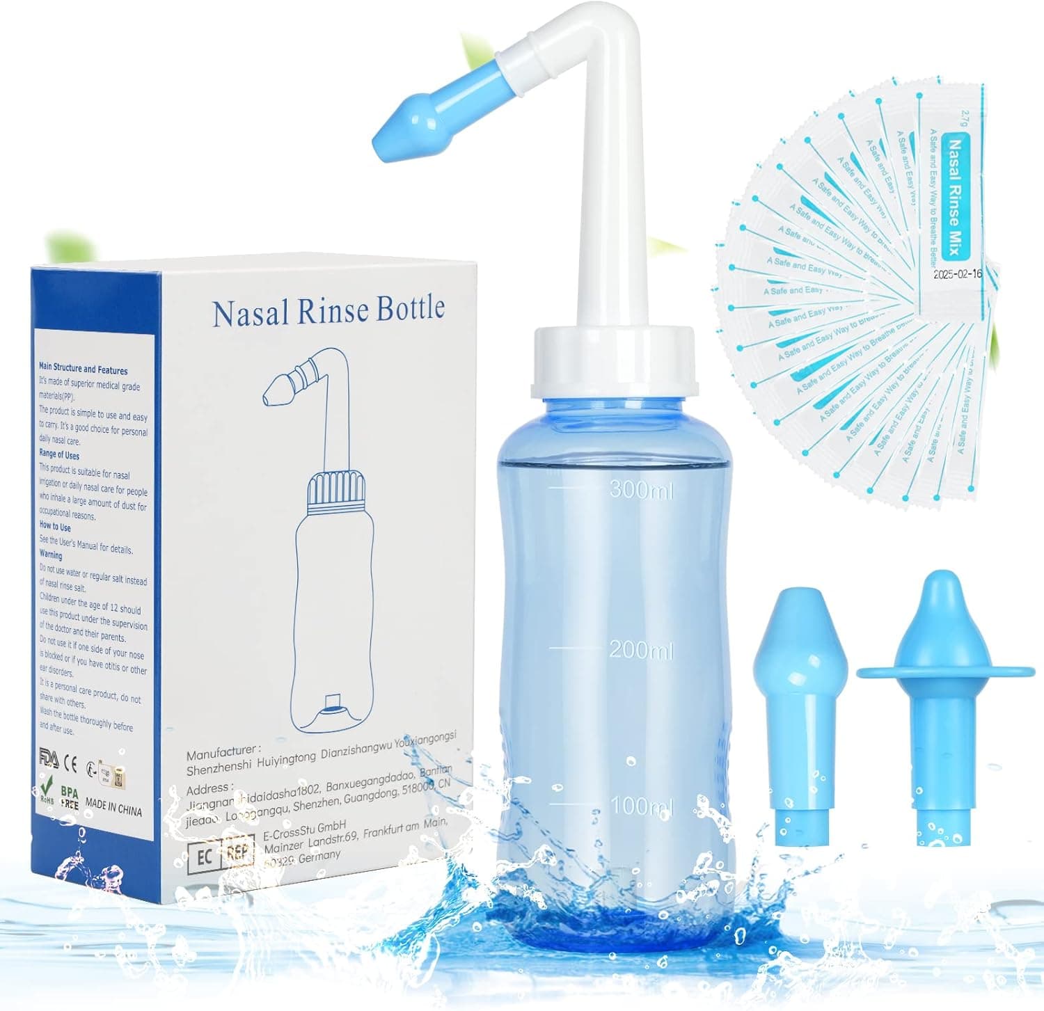 URAQT Lavagem nasal garrafa, 300 ml irrigador nasal com 2 bicos