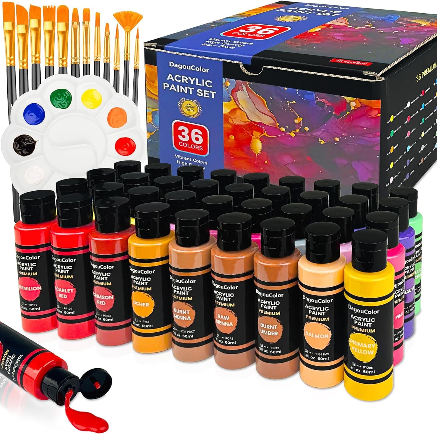 DagouColor 49 peças pintura acrílica - 36 cores acrílicas (60 ml) com 12 pincéis e 1 paleta, presentes de arte para tecido tela, pedra, acrílicos para pintar para artistas, iniciantes