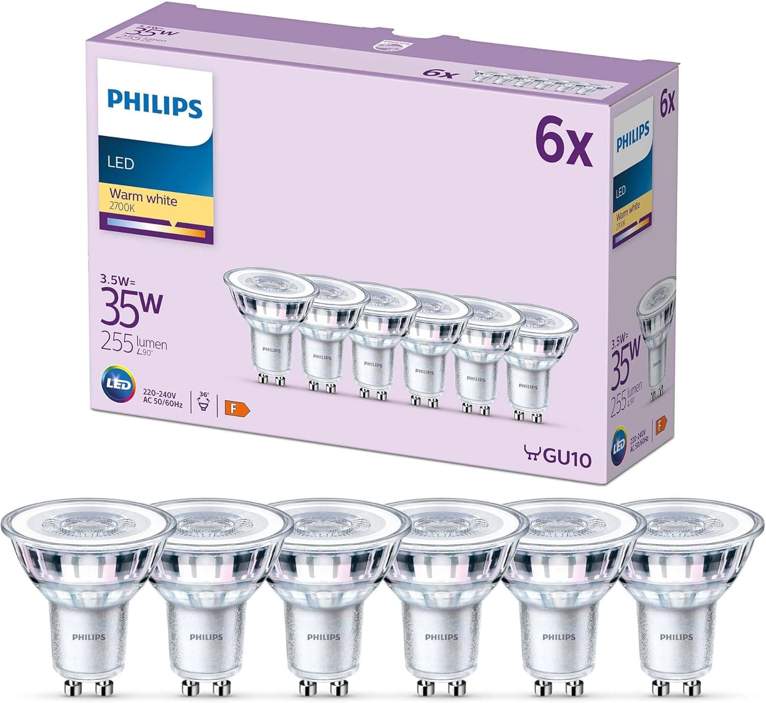 Philips Lâmpada tipo foco de 3,5 W (Eq. 35W) 255 lúmens, casquilho GU10, luz branca quente (2700k) - pack 6 lâmpadas