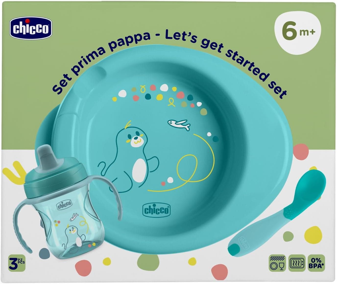 Chicco Conjunto de louça para bebé, para comida composta por copo de treino, primeira colher, prato quente, idade 6 meses +, 0% BPA, azul