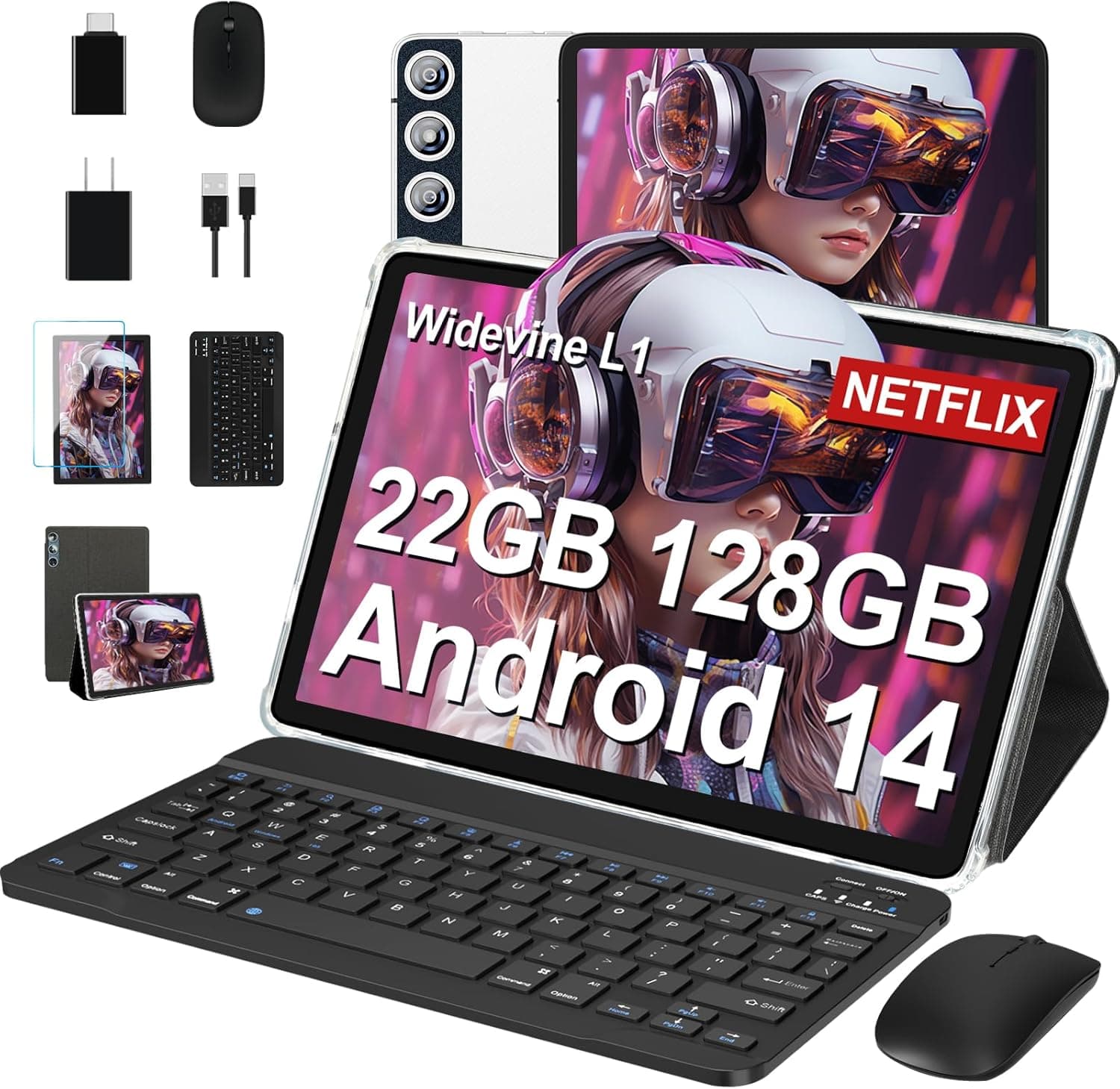 DMOAO Tablet Android de 10 polegadas, 22 GB RAM + 128 GB ROM (1TB expansível), tablets Octa-Core com Widevine L1, 8000 mAh, 5G WiFi, câmara 8 MP + 5 MP, tablet com teclado, BT5.0/GPS/OTG
