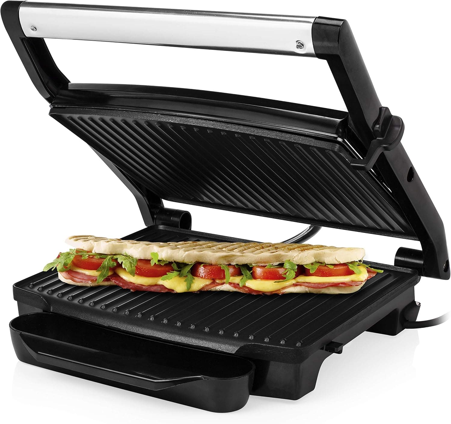 Princess 112415 Grill para lanches com tampa flutuante e ferro, pode ser armazenado na vertical ou horizontal, superfície da grelha 30 x 24 cm, bandeja recolhe gordura, 2000 W