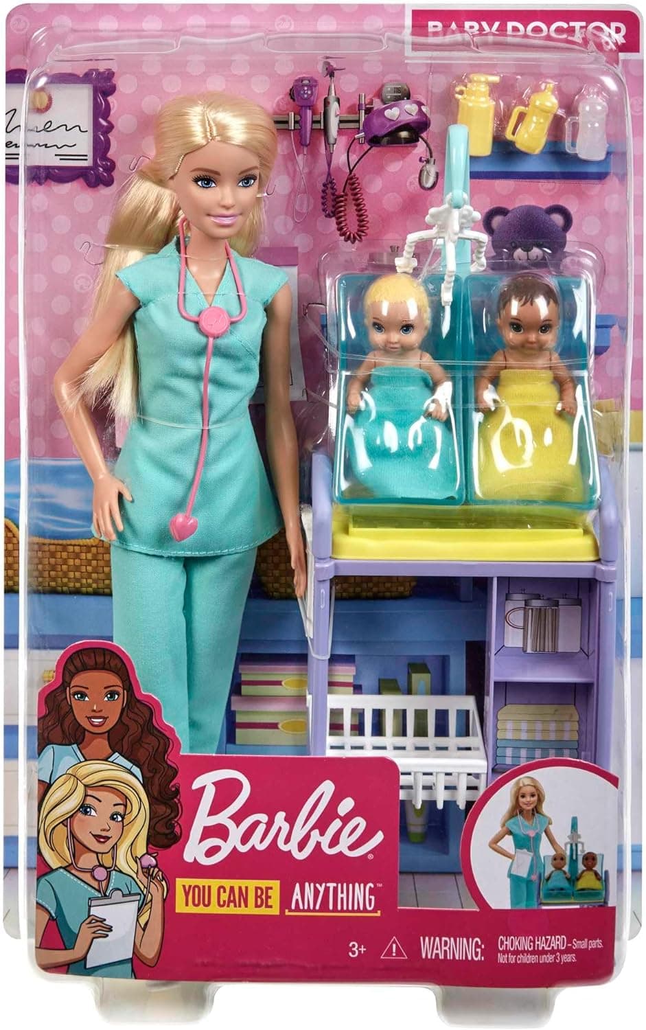 Barbie Quero ser pediatra, boneca loira com dois bebés e acessórios (Mattele GKH23)