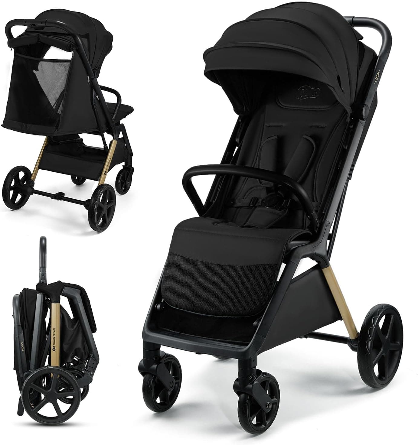 Kinderkraft LOOM Cadeira de passeio, carrinho de bebé, carrinho de bebé, suspensão, carga máxima de 27 kg, dobrável, fácil de dobrar, leve, capota extensível, cesta espaçosa, preto