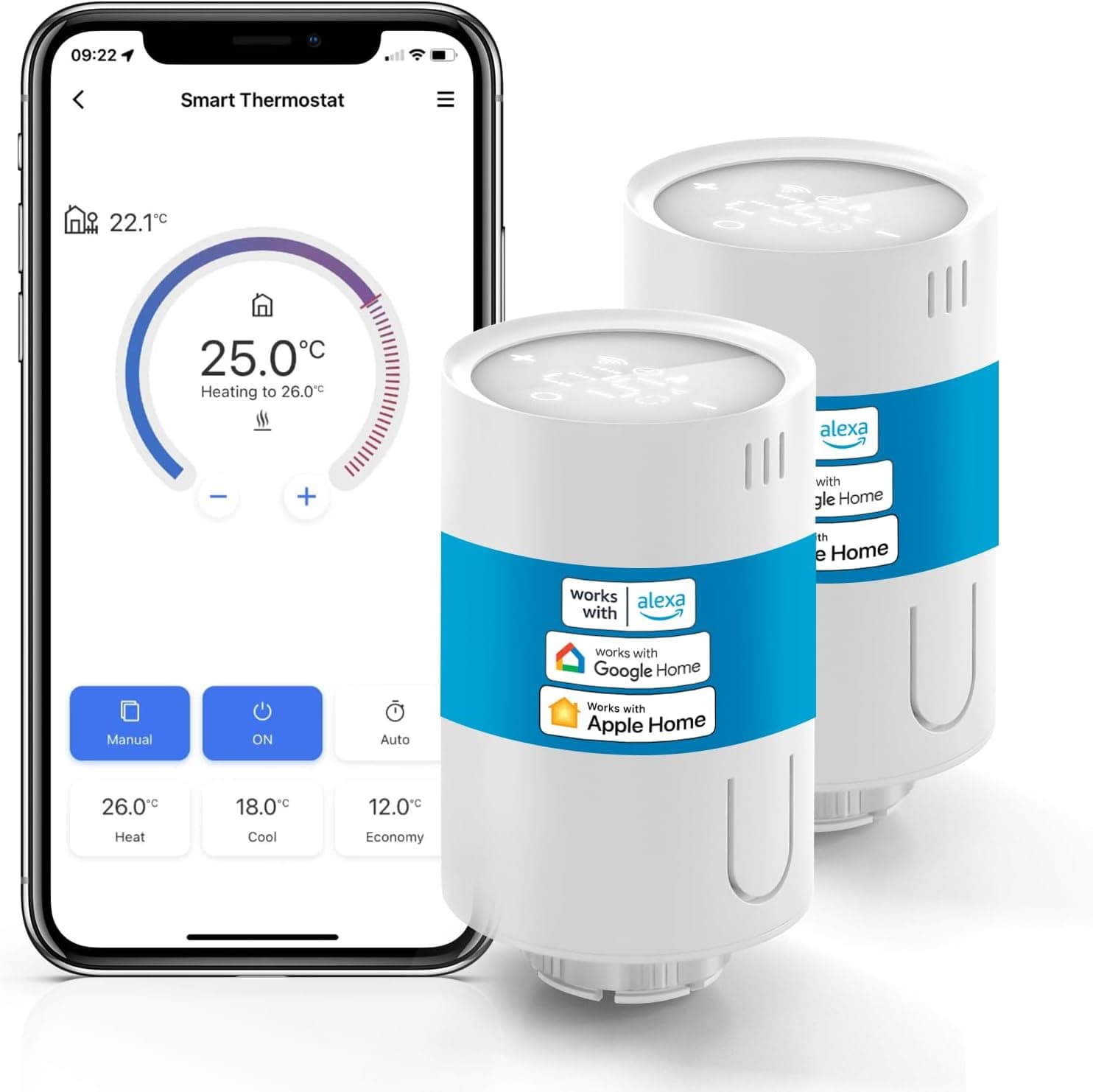 Meross Termostato de radiador inteligente requer hub, termostato de aquecimento WiFi compatível com HomeKit, Alexa e Google Home, controlo de voz, automação, detecção de abertura de janelas, 2