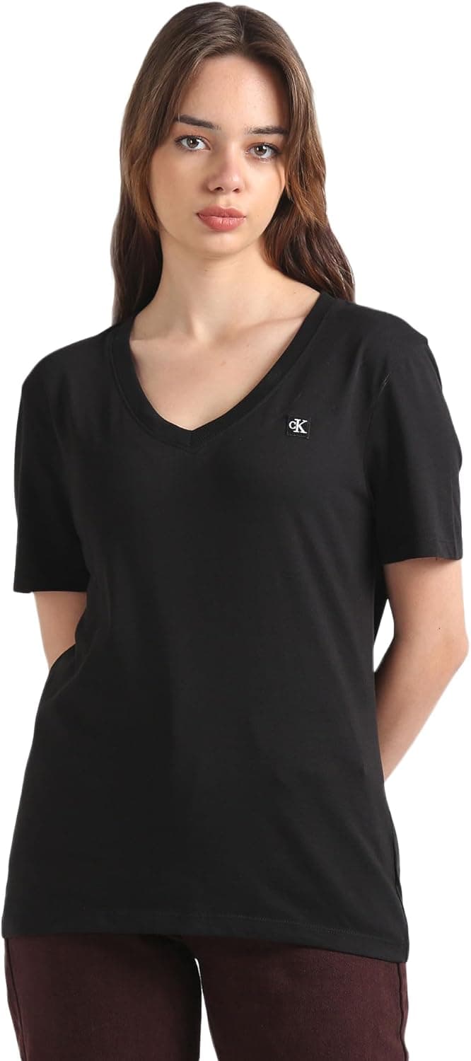 Calvin Klein Jeans T-shirt de manga curta para mulher com decote em V 