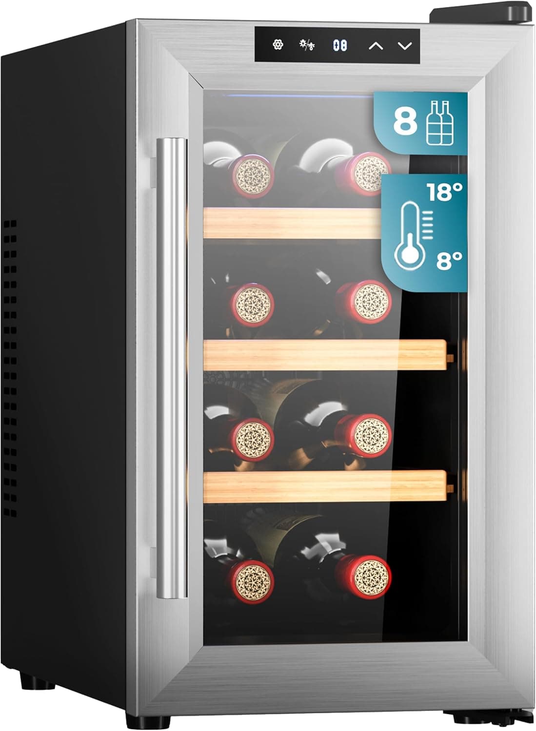 Cecotec Vinhoteca 8 Garrafas Bolero GrandSommelier 830 CoolWood, termos térmicos, baixo nível sonoro e alto desempenho, temperatura regulável: 8-18ºC, painel de controlo tátil, exibição, ecológico