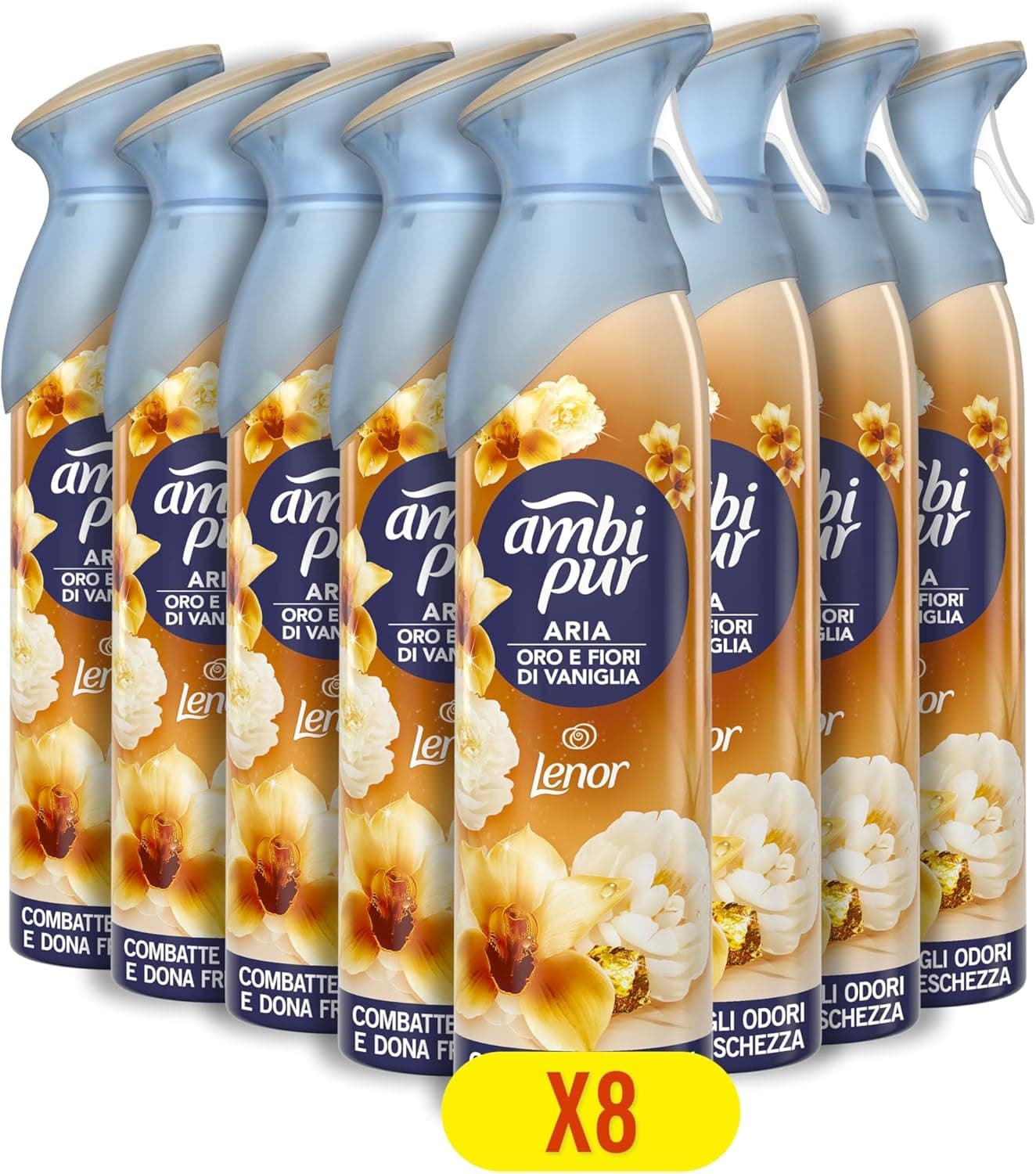 Ambipur Orquídea Dorada | Ambientador spray com aroma fresco e duradouro, pack de 8 x 185 ml