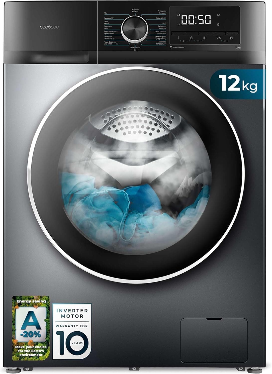 Cecotec Bolero DressCode 12500 | Máquina de lavar roupa 12 kg carga frontal 1400 rpm com motor inverter e vapor
