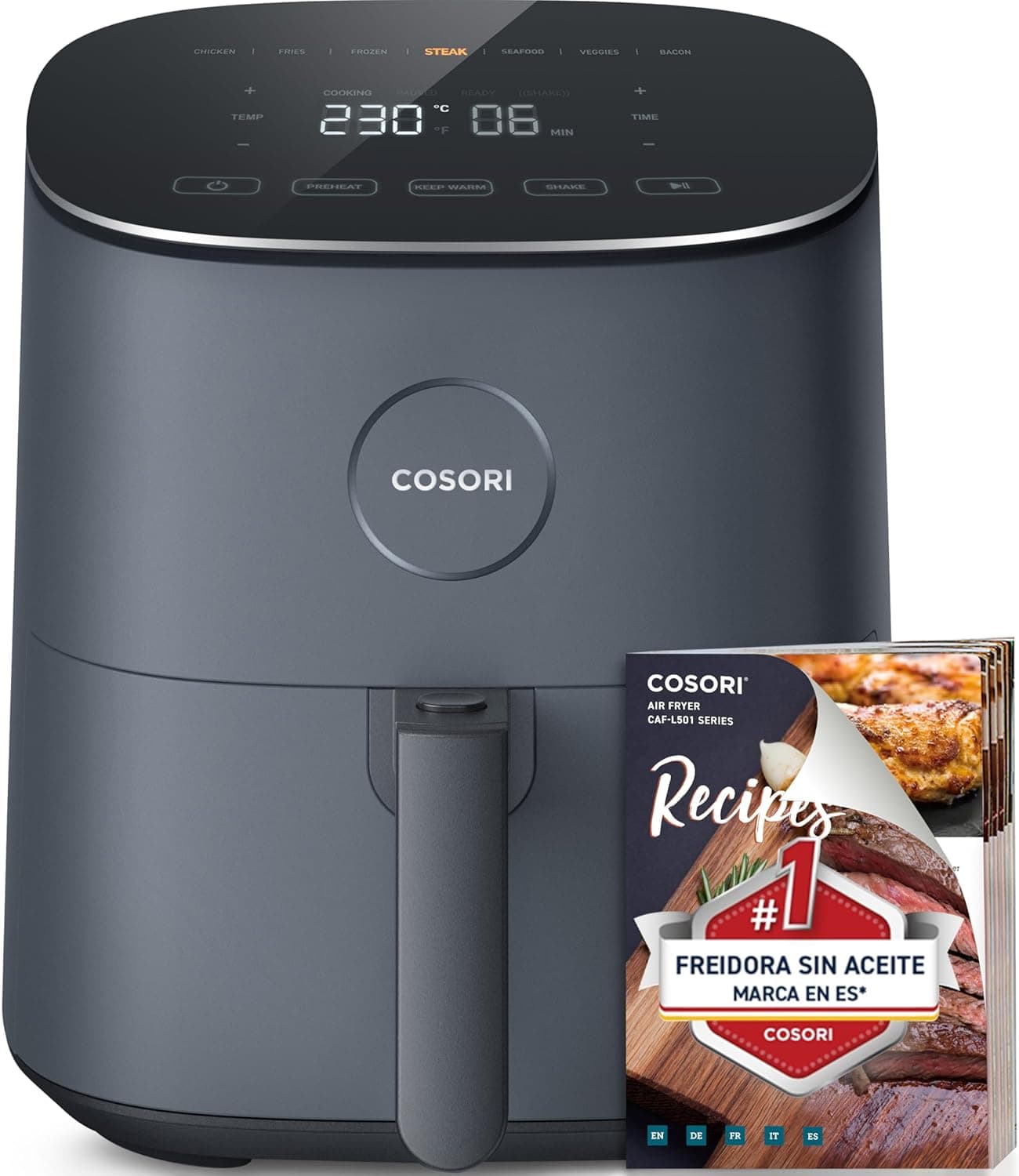 COSORI Fritadeira sem óleo de 4,7 l, fritadeira de ar com tecnologia patenteada Air Whisper para silêncio, Air Fryer com 30 receitas em espanhol e 9 programas, cinzento [economiza até 55% em energia]