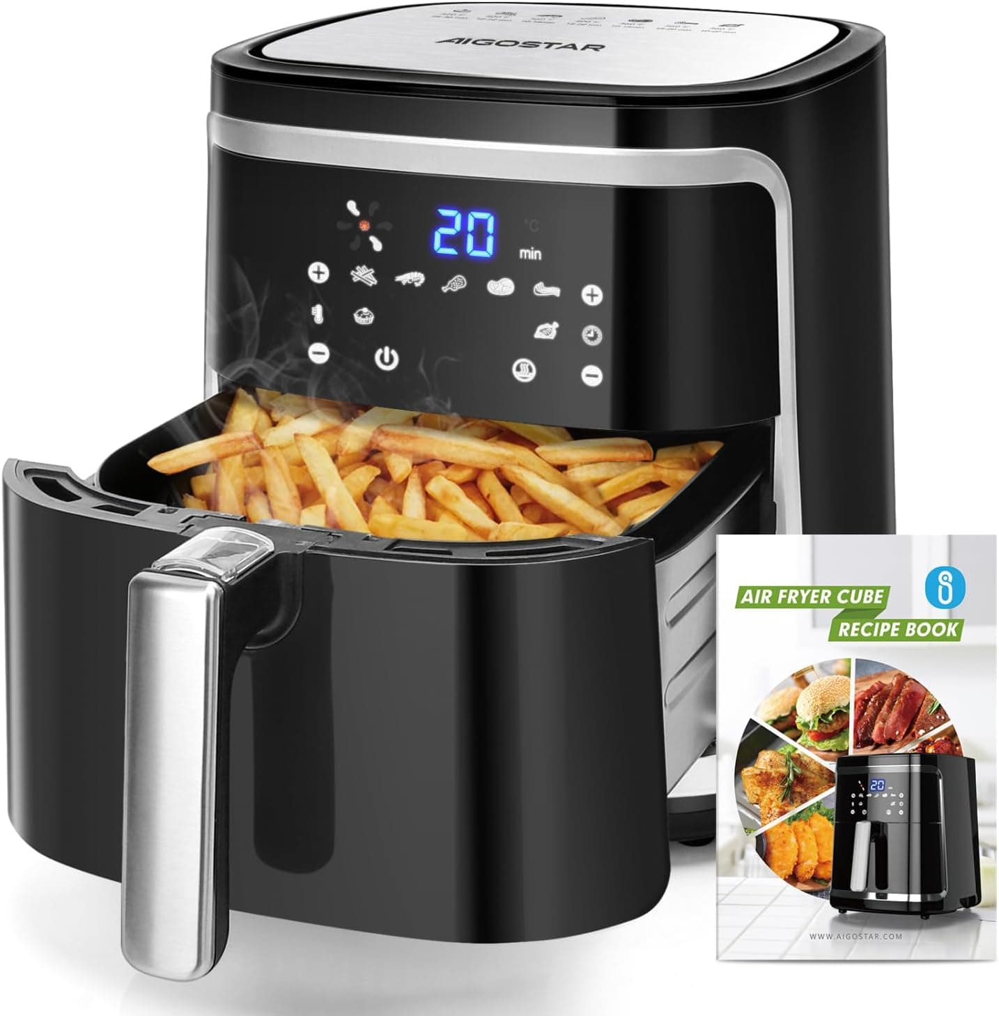 Aigostar Frigideira de ar 7 L, 1900 W, fritadeira sem óleo com 7 funções, ecrã táctil LED, uso duplo: com cesta ou gaveta. Sem BPA. Livro de receitas incluído, cesta anti-aderente, preta (IBT)
