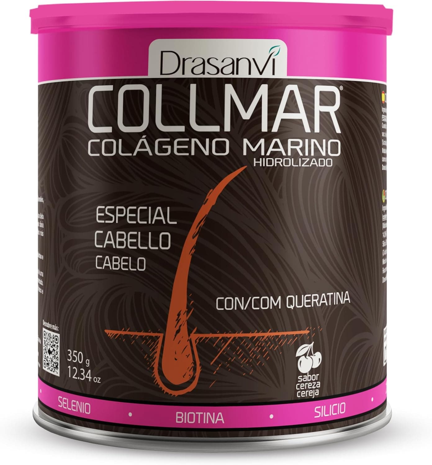 Drasanvi COLLMAR Colágeno marinho hidrolizado biotina, queratina, selénio, zinco e extrato de bambu, cabelos fracos e finos, | alta dose 5.000 mg/dia, 350 g de pó = 35 dias, sabor cereja