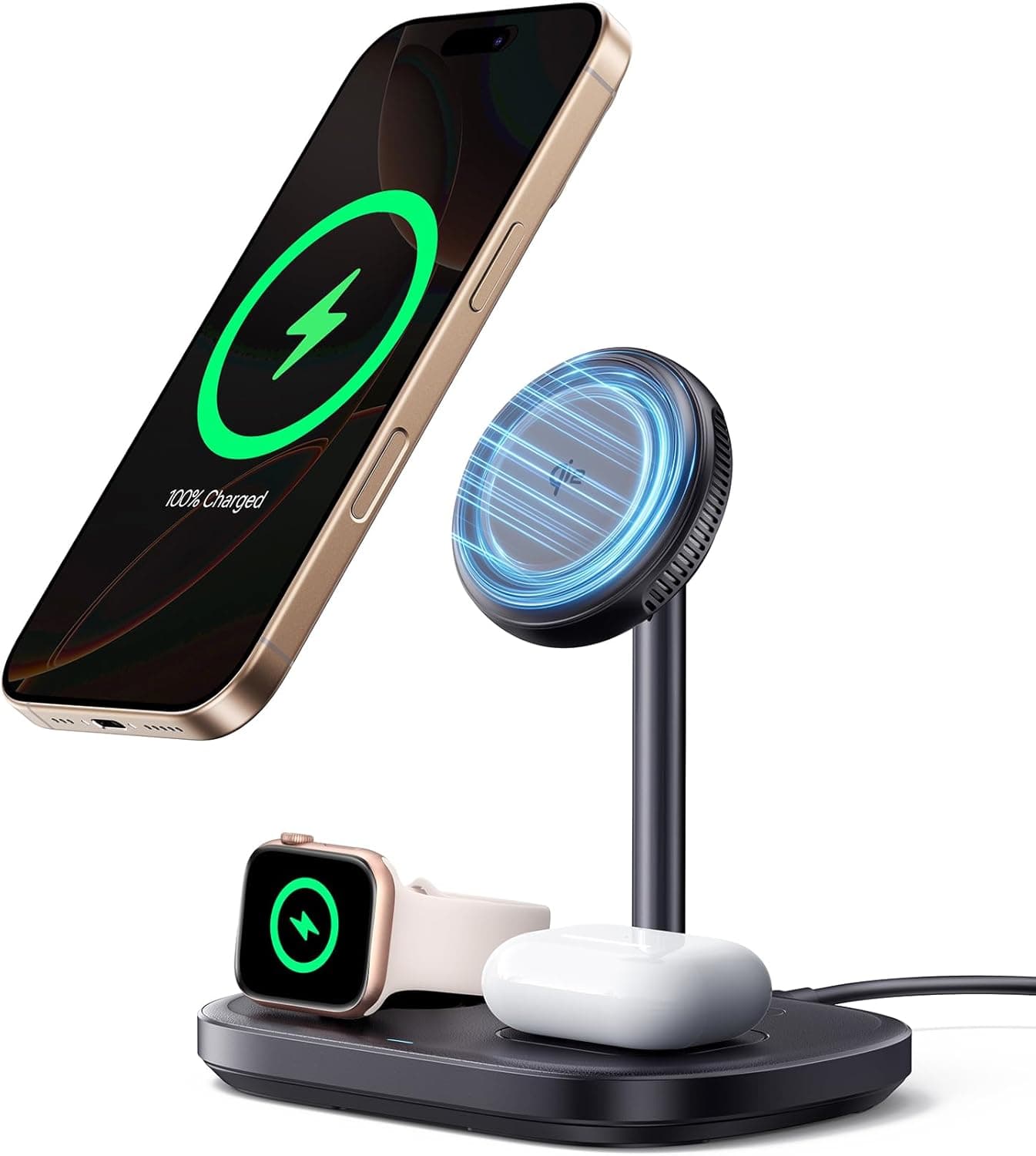Baseus EnerFill Carregador sem fios 3 em 1 com refrigeração Tec, estação de carregamento sem fios de 22,5 W, compatível com Apple Watch, iPhone 16/15/14/13 Pro MAX, AirPod, com carregador rápido de 45W