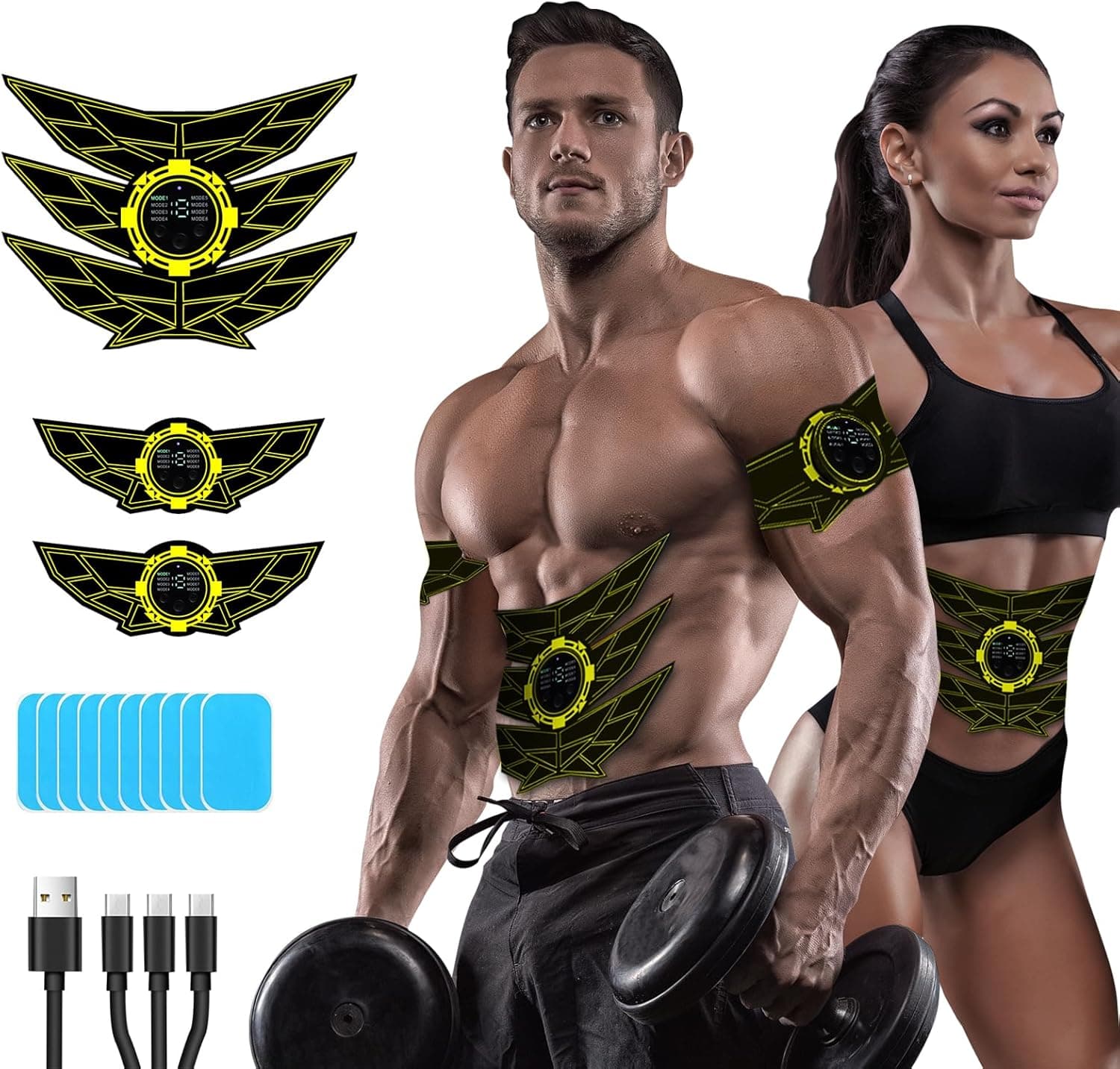 SEVEKO Eletroestimulador muscular para abdominais EMS, cinto muscular abdominal, 8 modos e 15 intensidades, 10 hidrogéis de substituição (amarelo)