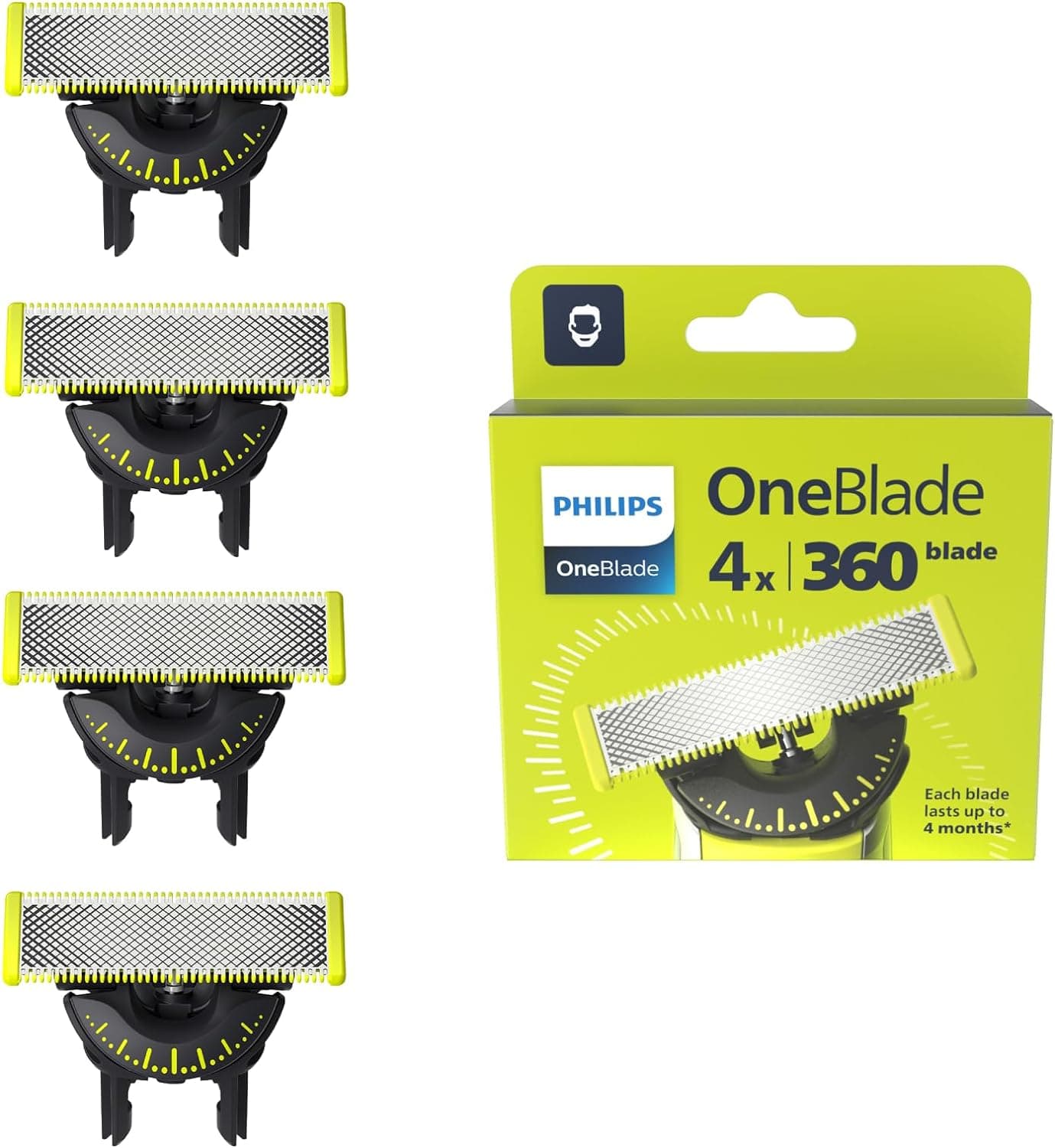 Philips QP440/50 OneBlade 360 lâminas de substituição, para aparador de barba e máquina de barbear para homem, compatível com todos os Philips OneBlade, conjunto de 4 unidades