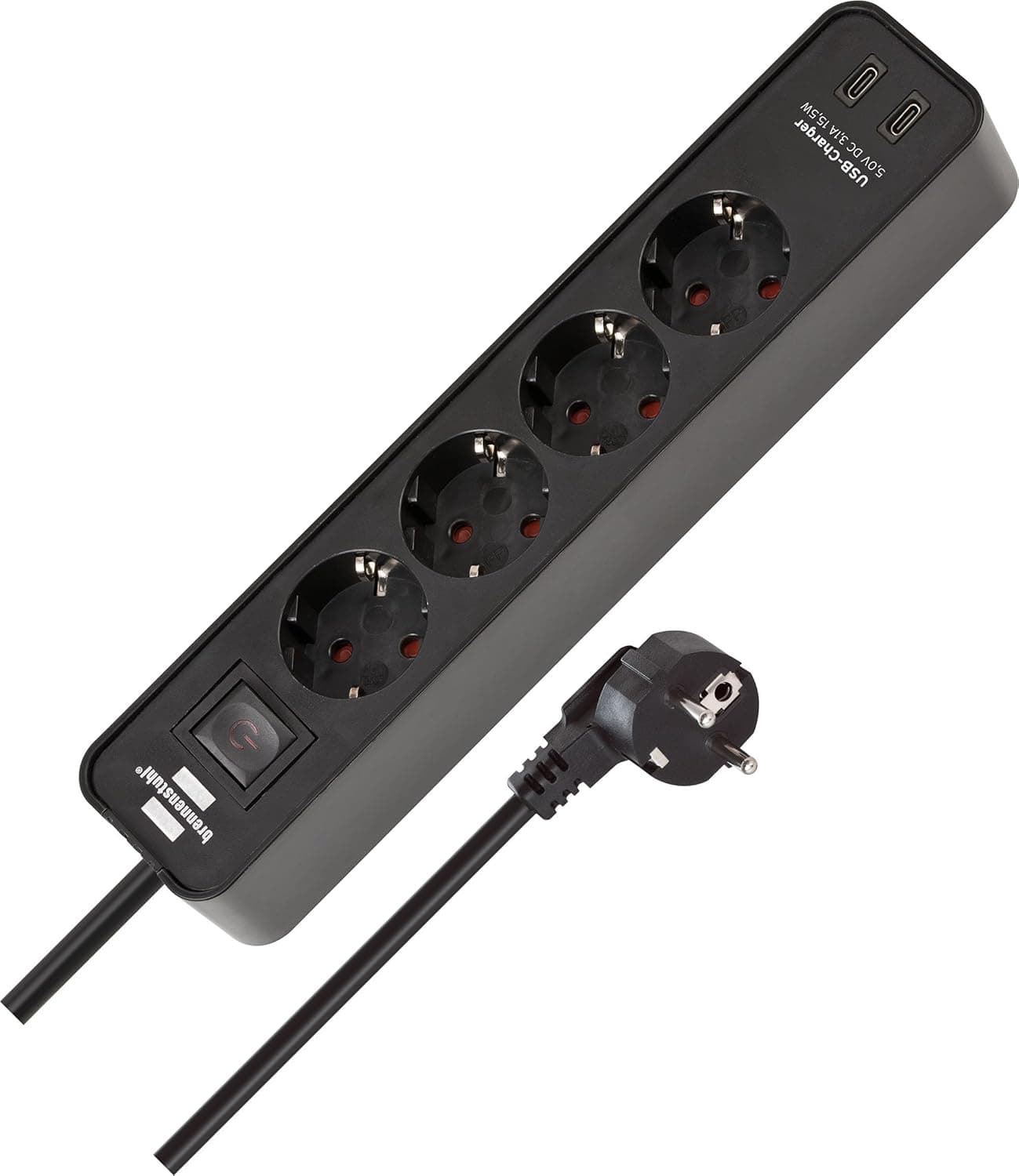 Brennenstuhl Ecolor Tomada de 4 vias com tomada USB (tomada com 2X USB C, interruptor e cabo de 1,5 m) preto