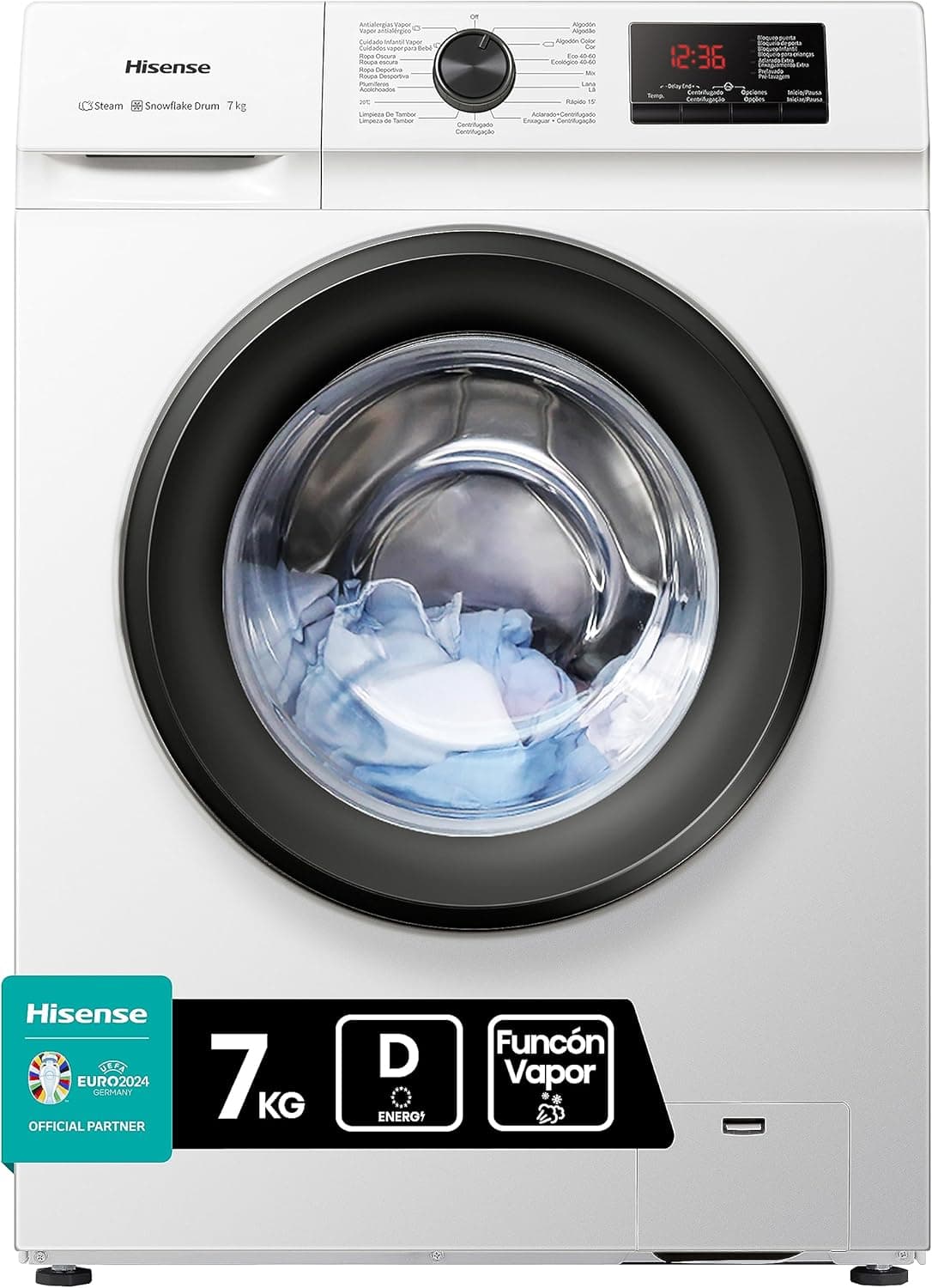 Hisense WFVB7012EM Máquina de lavar a vapor, carregamento frontal de 7 kg, 1200 rpm, 15 programas, controlo inteligente de oscilação de bateria, Display LED, programa rápido 