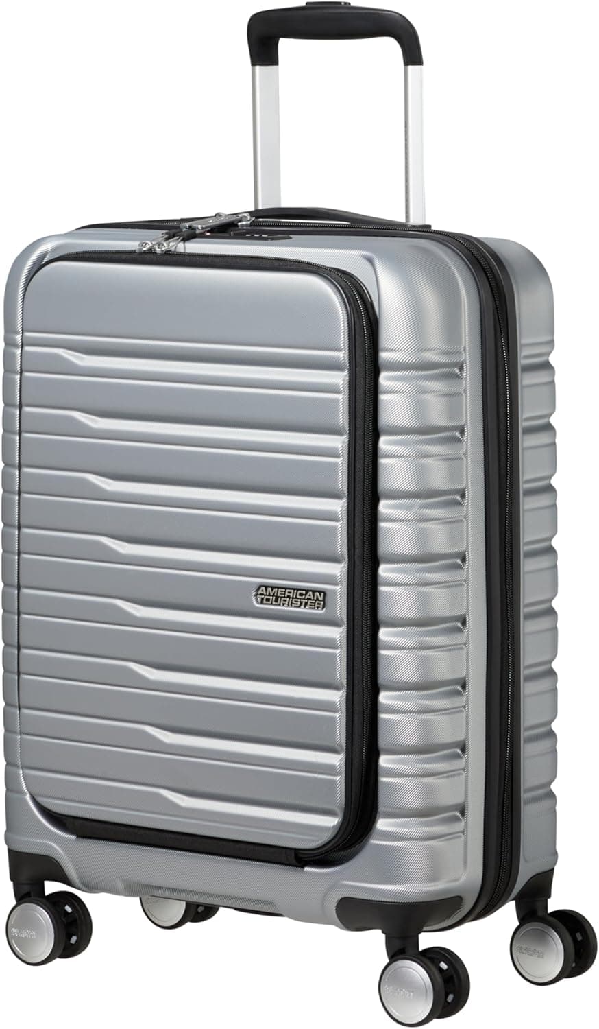 American Tourister Flashline Spinner S | Mala de cabine 55 cm com acesso frontal e carregador, 34 L, prata