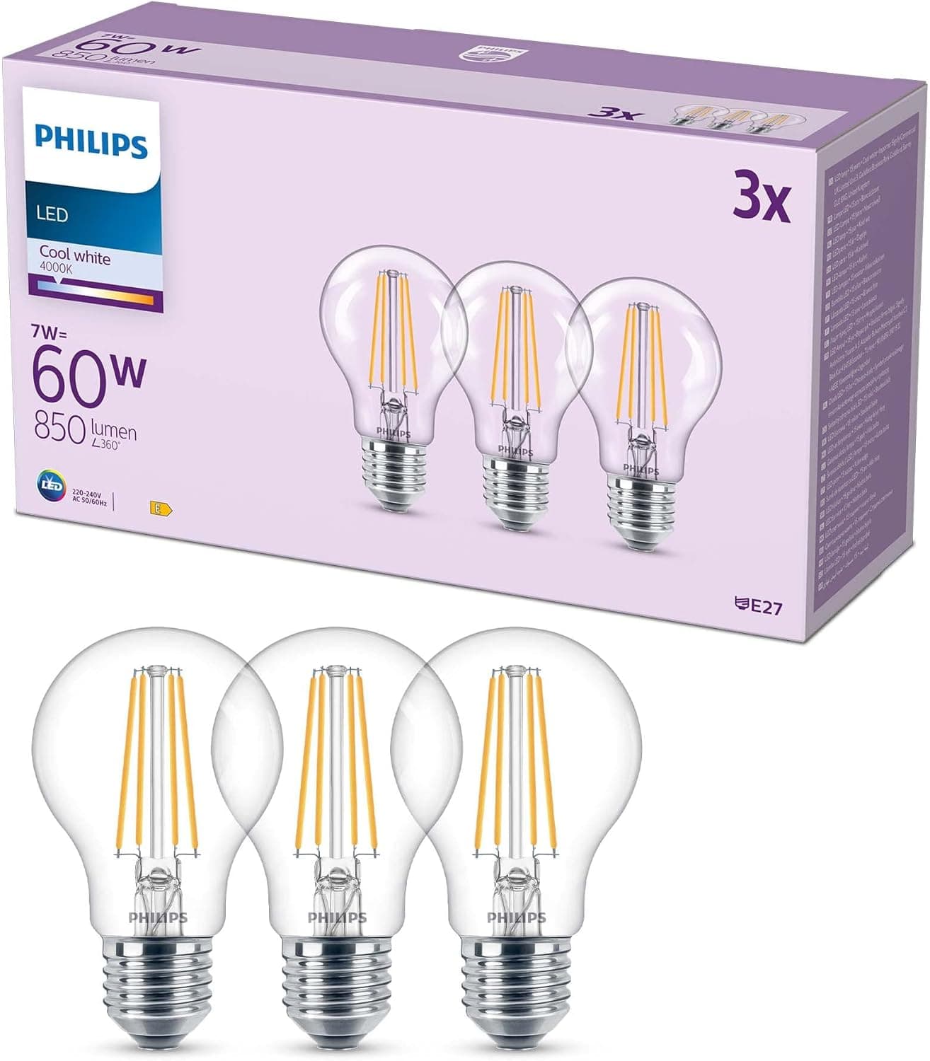 Philips LED Clássica | Pack de 3 lâmpadas LED E27 7W luz branca fria 850 lúmenes
