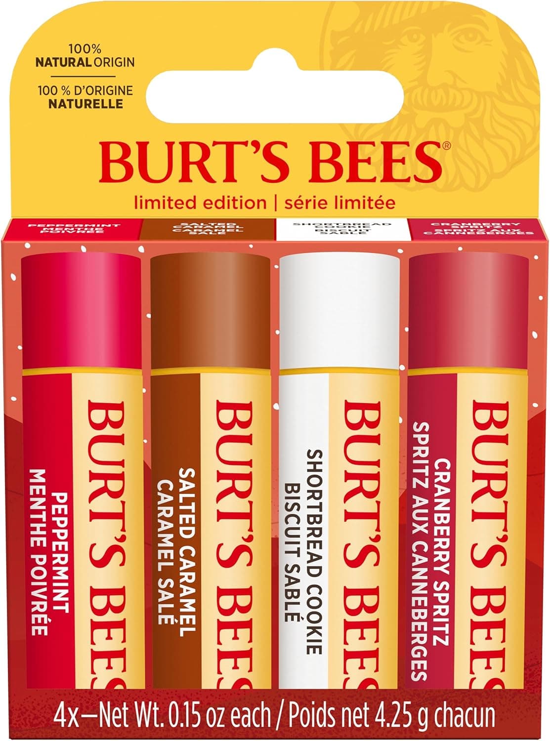 Burt's Bees Conjunto de presente de| Conjunto de bálsamo labial hidratante com cera de abelha e vitamina E, 100% de origem natural, mantecido, mirtilos, caramelo salgado e hortelã, 4 x 4,25 g