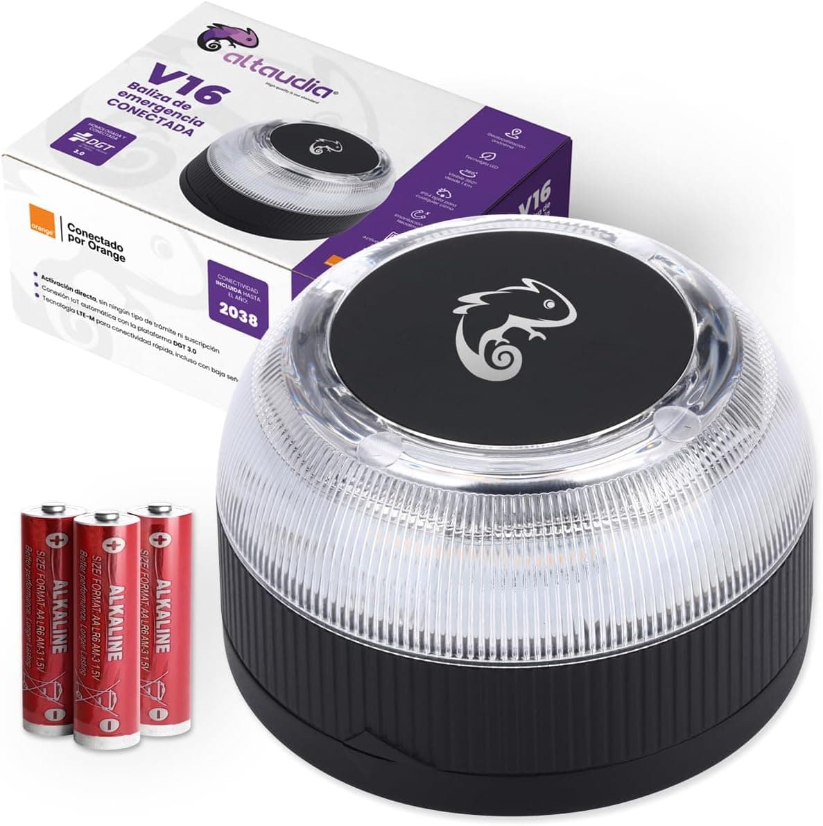 Altaudia Luz v16 | Baliza de emergência geolocalizada e conectada homologada para automóveis com alcance 1 km, resistente à água, pilhas incluídas