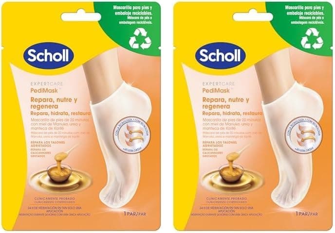 Scholl Máscara PediMask para pés macios com mel de Manuka - Embalagem e máscara recicláveis - Máscara hidratante profunda para pedicure com uma única aplicação - clinicamente testada