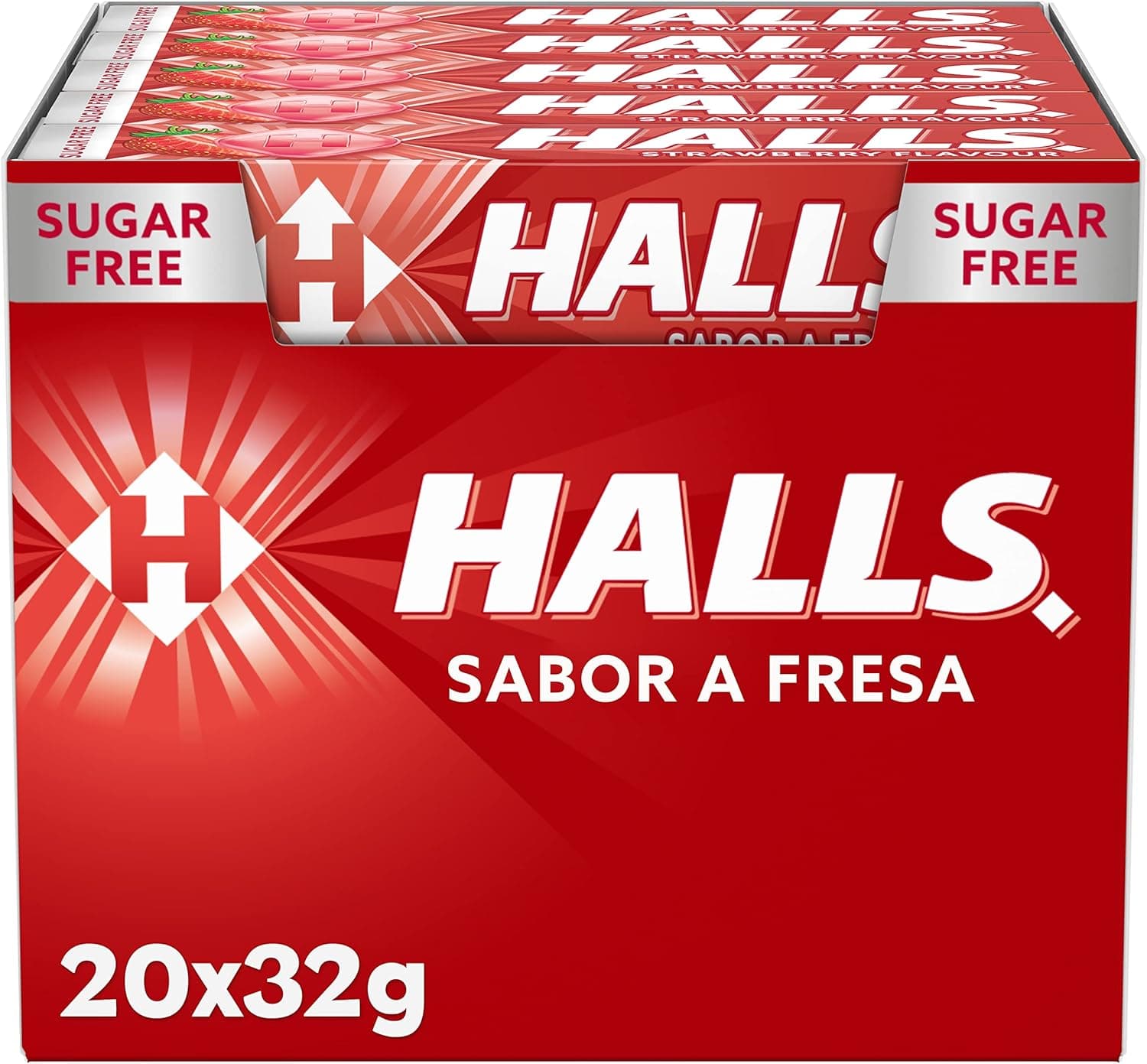 Halls Strawberry | Caixa com 20 sticks de rebuçados duros sabor morango, 32 g cada