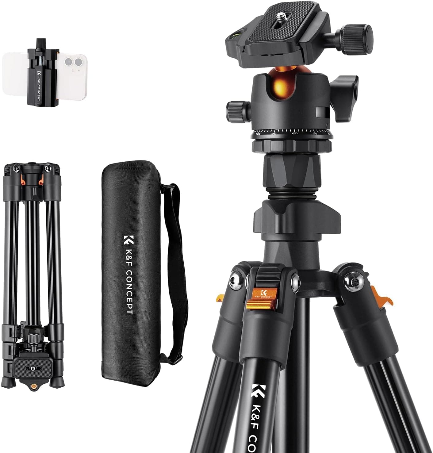 K&F Concept Tripé câmera, 163 cm tripé viagem câmera, tripé leve em alumínio, tripé de telemóvel com suporte de telefone, tripé câmara Reflex com 360° bola para câmara DSLR (apenas 1,24 kg)