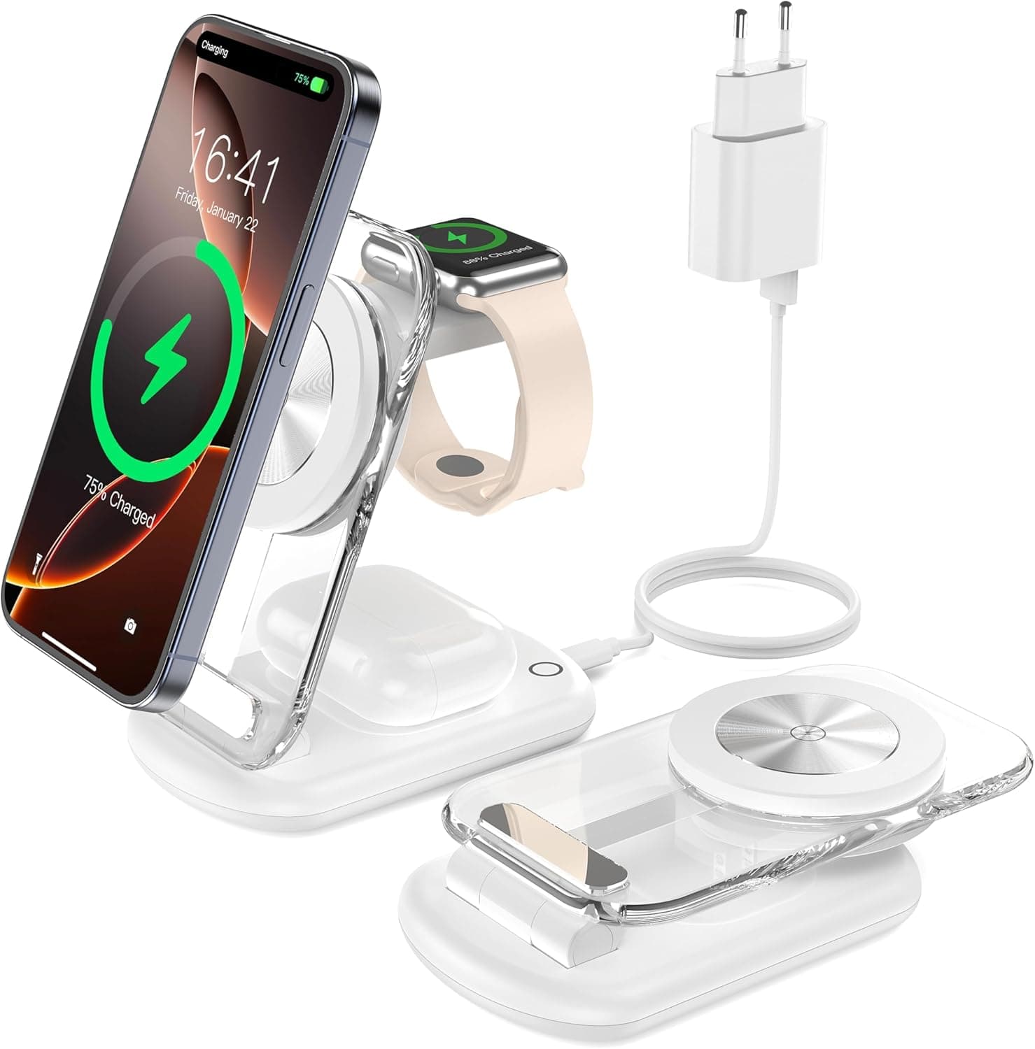 Estação de carregamento, carregador 3 em 1, ângulo ajustável dobrável com luz atmosférica, compatível com telefone iWatch/Airpods, para iWatch iPhone 16/15/14/13, pérola branca