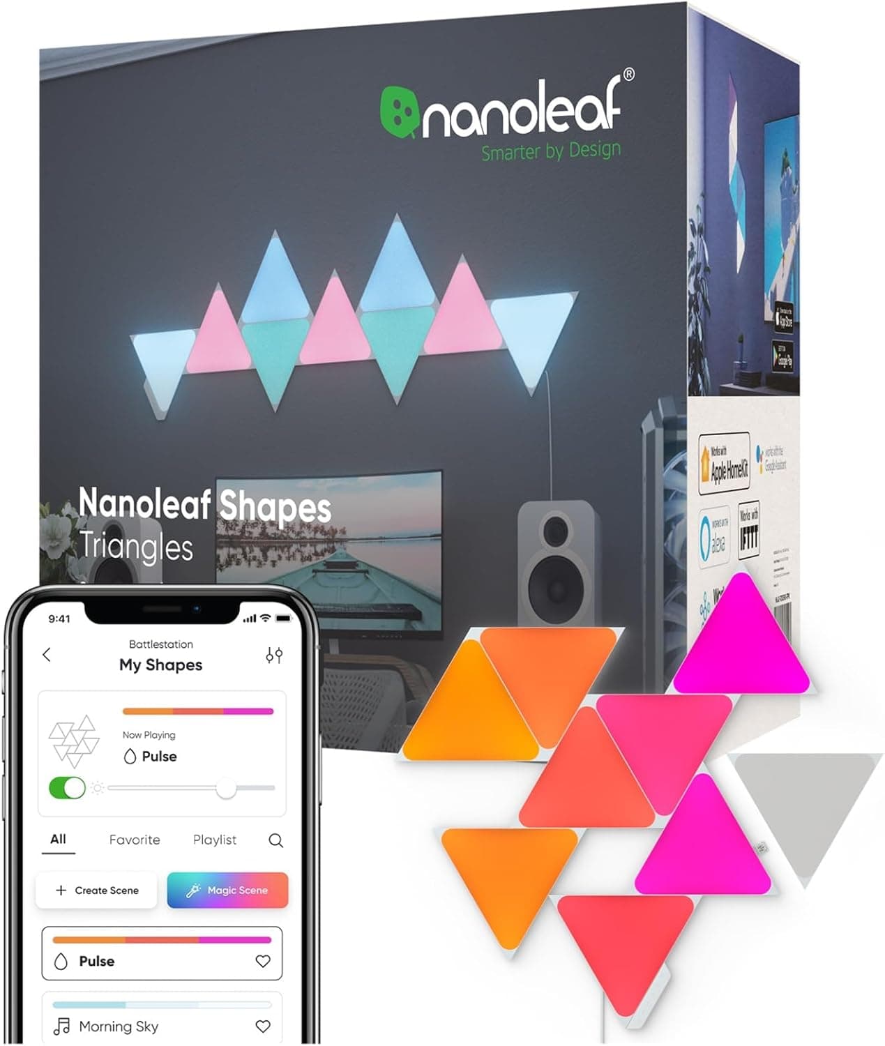 Nanoleaf Shapes Triangle Starter Kit, 9 triângulos luminosos LED RGBW - apliques de parede interior modulares, luzes LED inteligentes 16 m cores WiFi, compatível com Alexa, para decoração e jogos