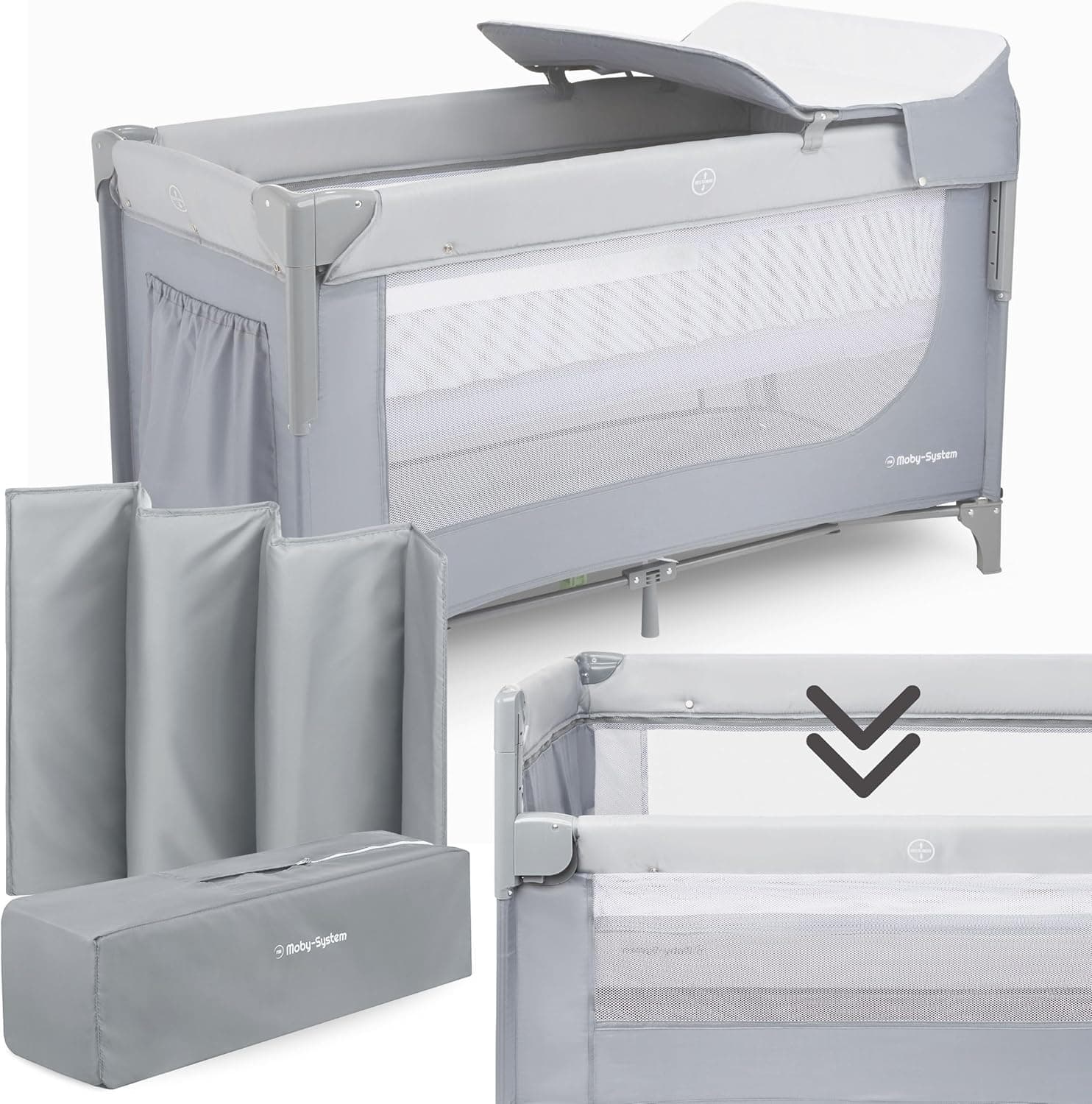 Moby-System Berço de viagem para crianças e bebés Closely 3 em 1 com trocador, colchão e bolsa de transporte, paredes laterais ventiladas, ajustáveis, rodas de transporte
