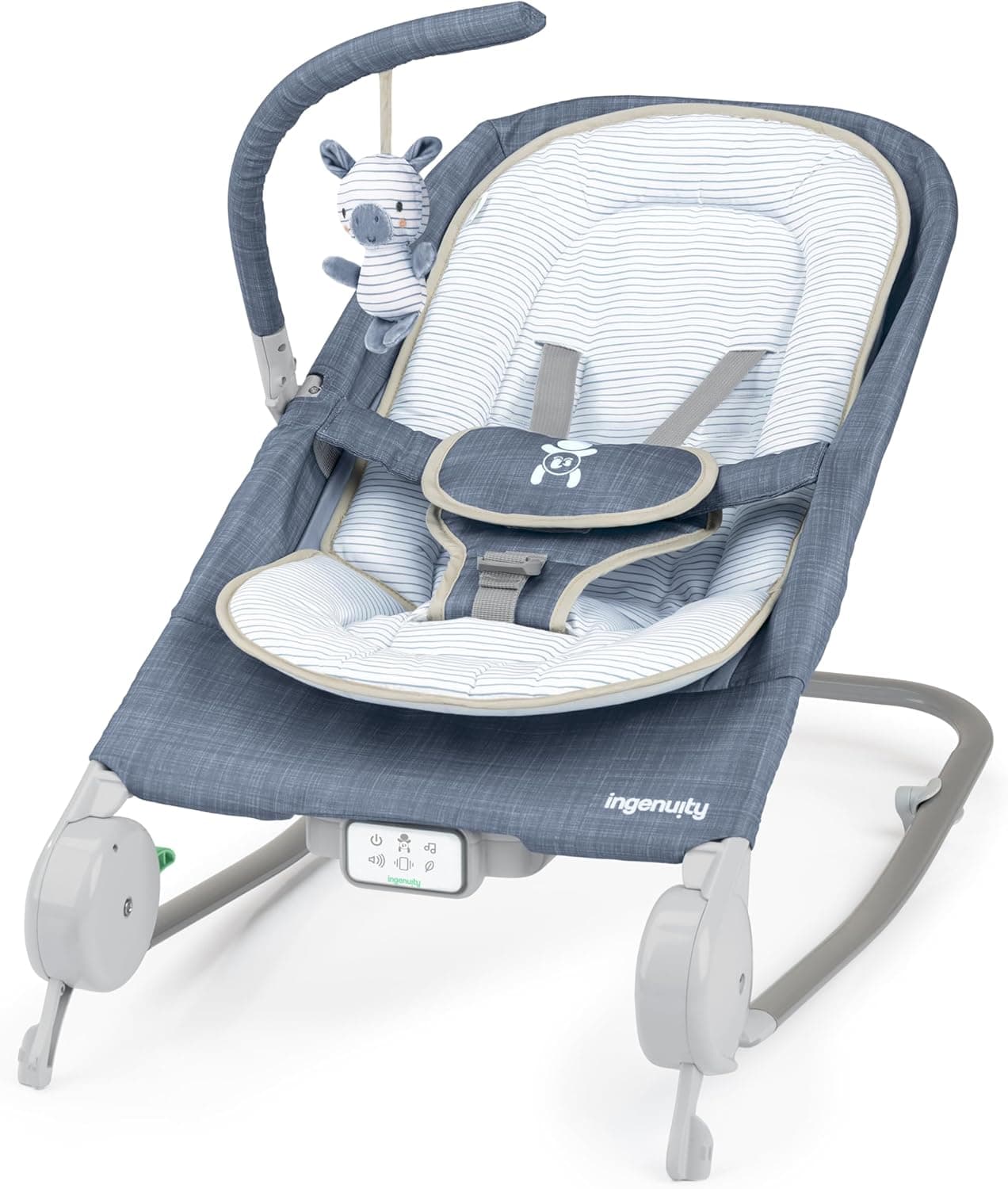 Ingenuity, Assento Happy Belly "da rede à cadeira de balanço", música, vibração, barra de brinquedos removível, brinquedo de peluche com fecho, 0-6 meses, azul - Chambray