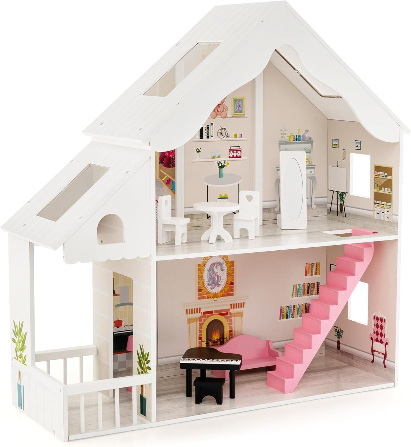 FANTASK Casa de bonecas de madeira de 2 andares com acessórios e móveis, brinquedo para bonecas de 28 a 36 cm, para crianças a partir dos 3 anos