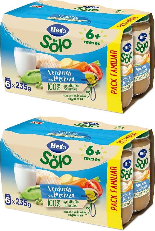 Hero Baby - Barrinhos de legumes com merluza, sem adição de sal, sem amido, sem óleo de palma, ingredientes 100% naturais, conservação e esterilização natural à casa de banho maria, pack de 6 x 235 g x2