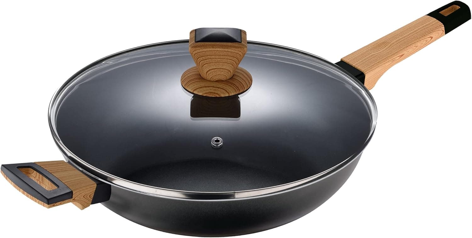 BERGNER Earth Frigideira de cozinha de 28 x 7,5 cm com tampa, cor preta, fabricada em alumínio prensado com pegas ergonómicas de madeira