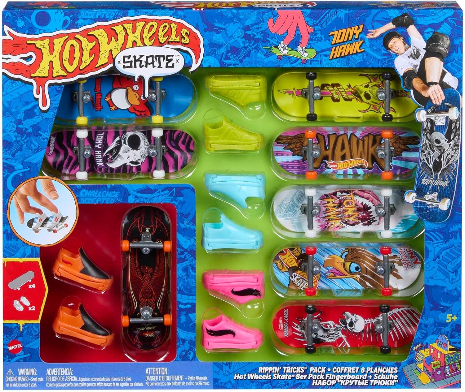 Hot Wheels 8 Tábuas de skate com 4 pares de sapatilhas para dedos, skate de brinquedo, 5 anos (Mattel HMY19)