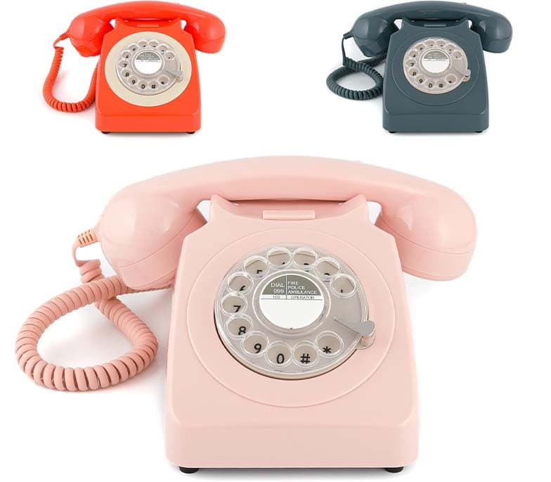 GPO 746 Telefone fixo de disco com estilo retro dos anos 70, cabo em espiral e campainha autêntica - rosa cravo