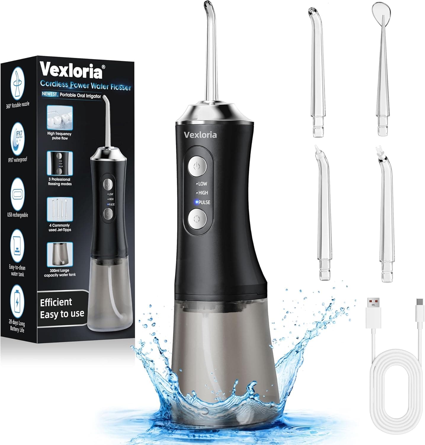 Vexloria Irrigador bucal portátil Water Flosser, 300 ml irrigador dentário profissional 4 boquilhas 3 modos, sem fios de rega para limpeza dentária IPX7 impermeável para casa e viagens preto
