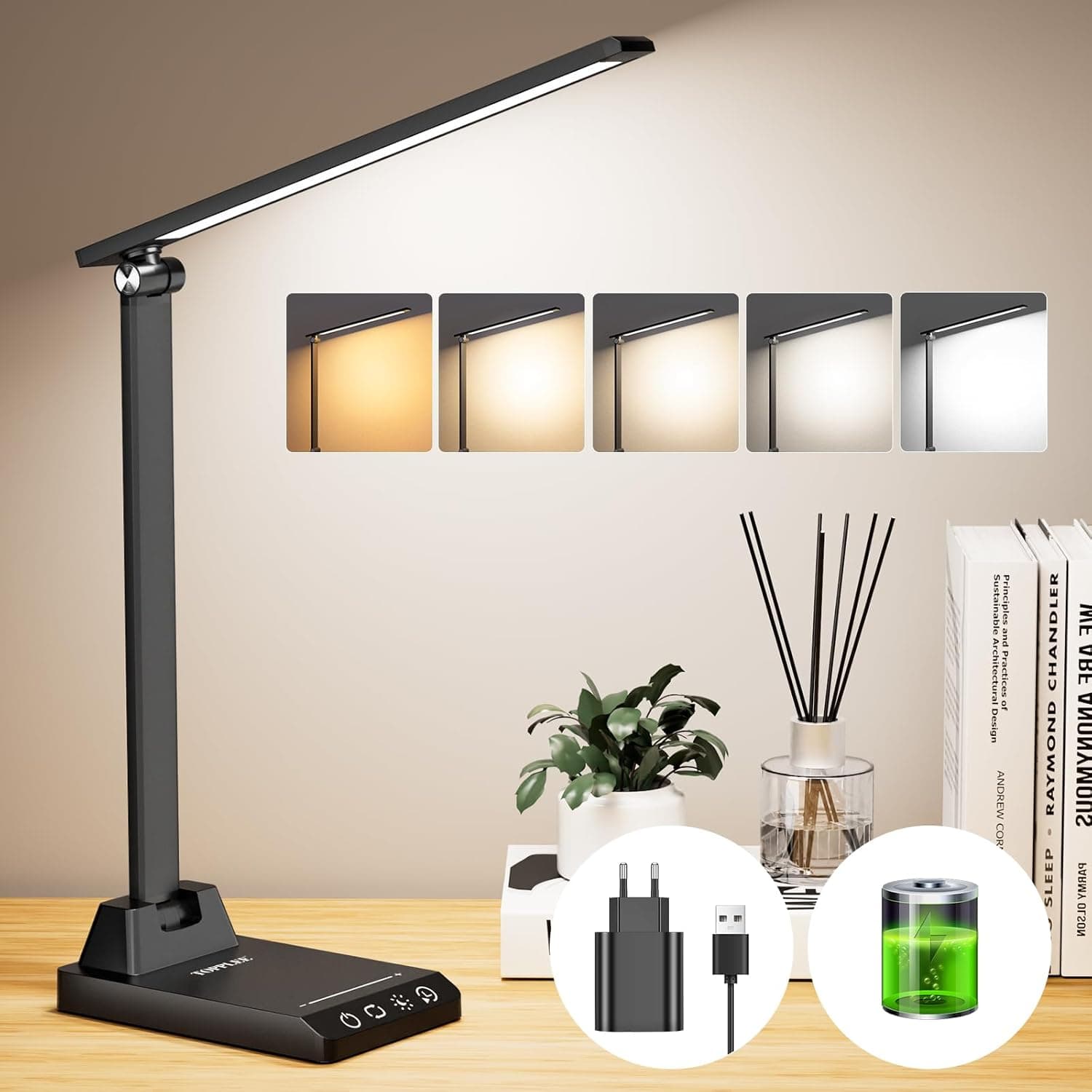 TOPPLEE Flexo LED Desk | Candeeiro de secretária LED com bateria 2500 mAh, 5 modos, 10 níveis de brilho, temporizador e função memória